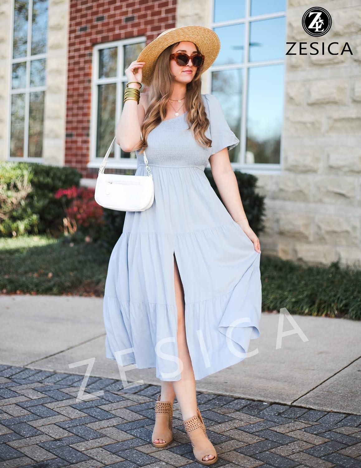 ZESICA Women's Boho Summer One Shoulder Short Sleeve Smocked Side Split Ruffle Swing Midi Dress - Image 6