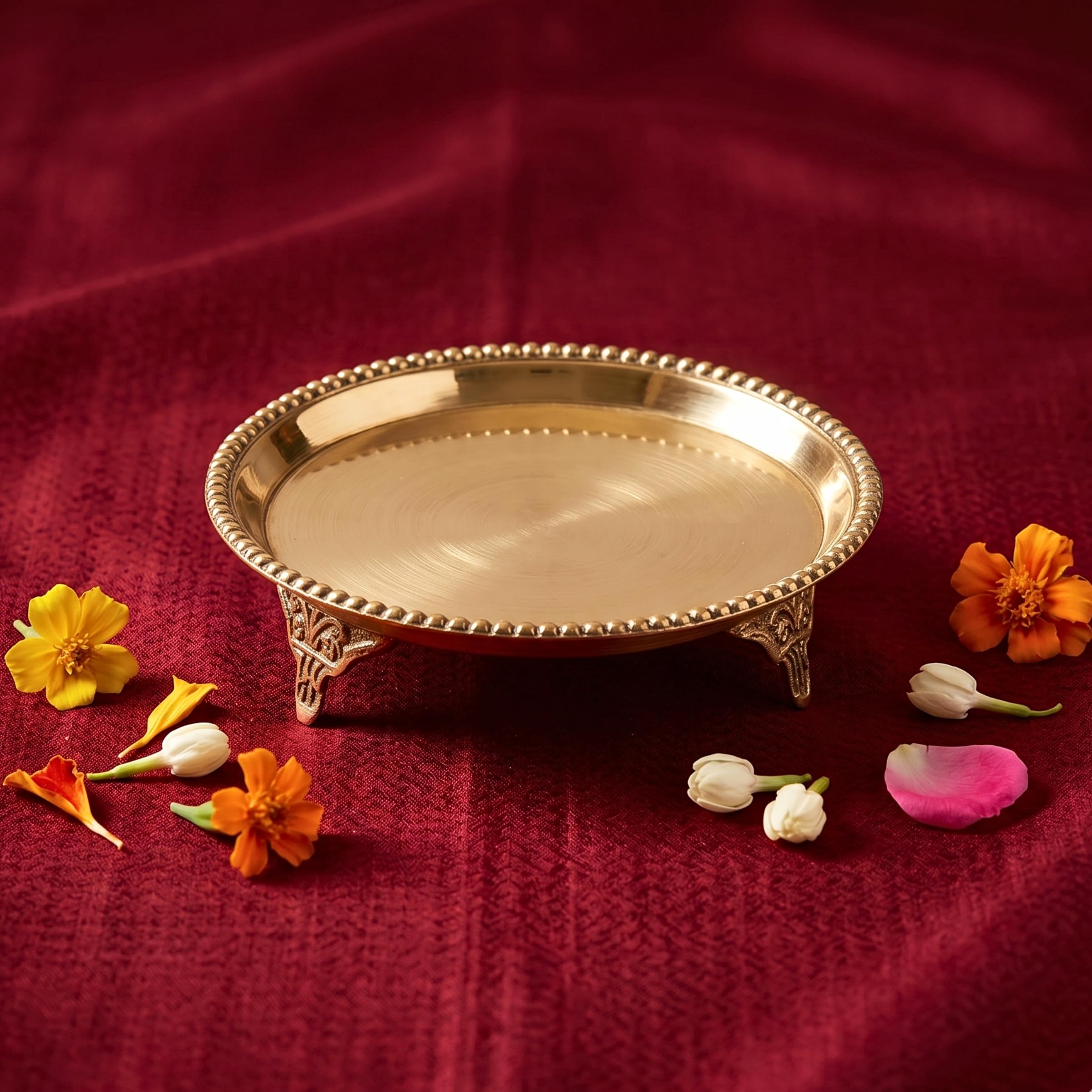 anciently Brass Mukkali Stand for Pooja (D2, 5 Inches) - Round Chowki for God Idols, Brass Thali Stand/Peetam/Pin Tray with Legs for Home Mandir & Diya, Gold Colour, 1 No (5 Inches, Design 2)-image-37