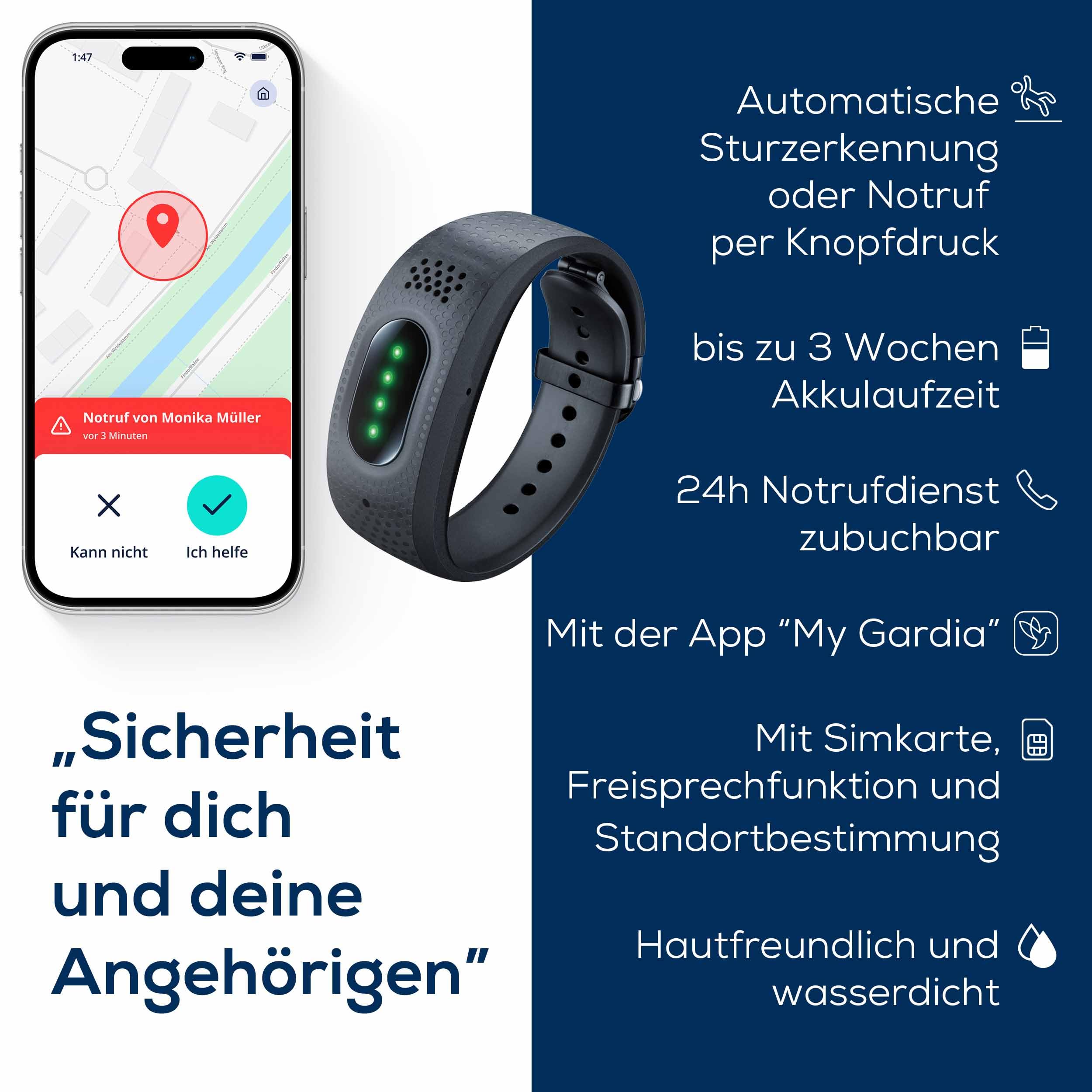 Beurer – Gardia Notrufarmband mit Sturzerkennung, innovatives Notrufsystem aus Armband und App, Sprachverbindung im Notfall, 24h Notrufservice Zuhause & unterwegs, alle Vorteile mit erforderlichem Abo