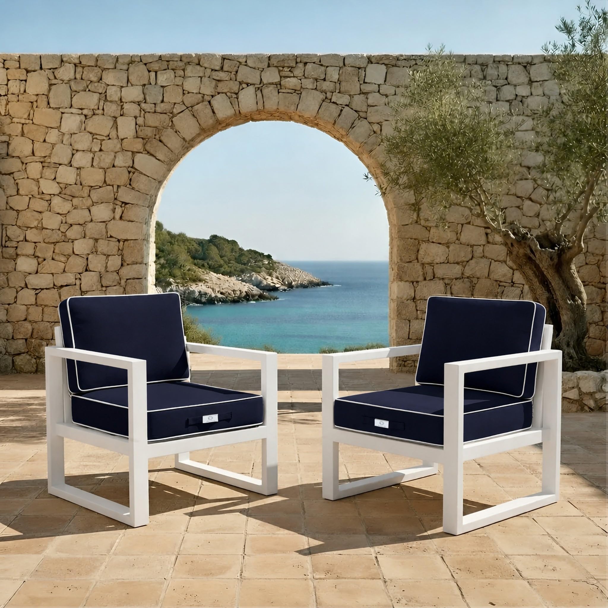 Cuscini da Esterno Impermeabili 60x60 cm Spessore 12 cm - Set Seduta e Schienale per Poltrona Larga da Giardino - Imbottitura Inclusa, Sfoderabili, Anti UV, Profilo Cordonato - Blu Marino
