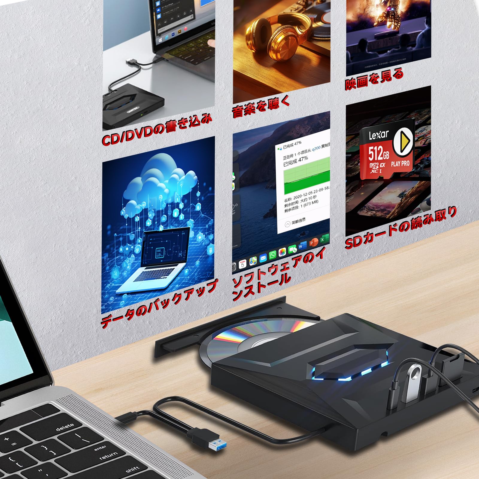 Amazon.co.jp: BOMORI DVDドライブ 外付け 超薄型外付けDVDドライブ