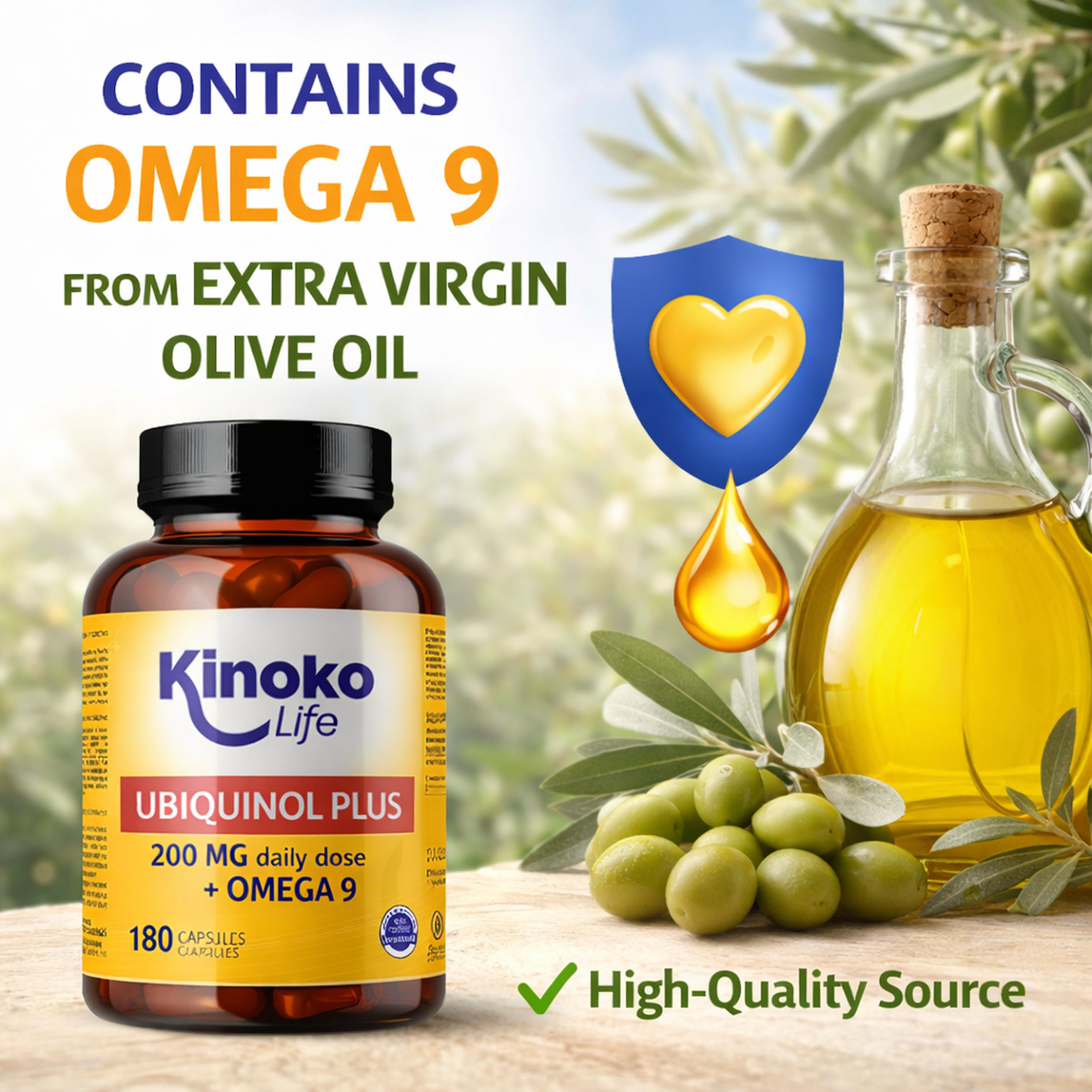 Ubichinolo Coenzima Q10 180 Capsule, Ubiquinol Plus 200 mg Dose Giornaliera, 100 mg per Capsula, CoQ10 Ridotta con Omega 9 e Olio Extravergine di Oliva, Softgels, Kinoko Life