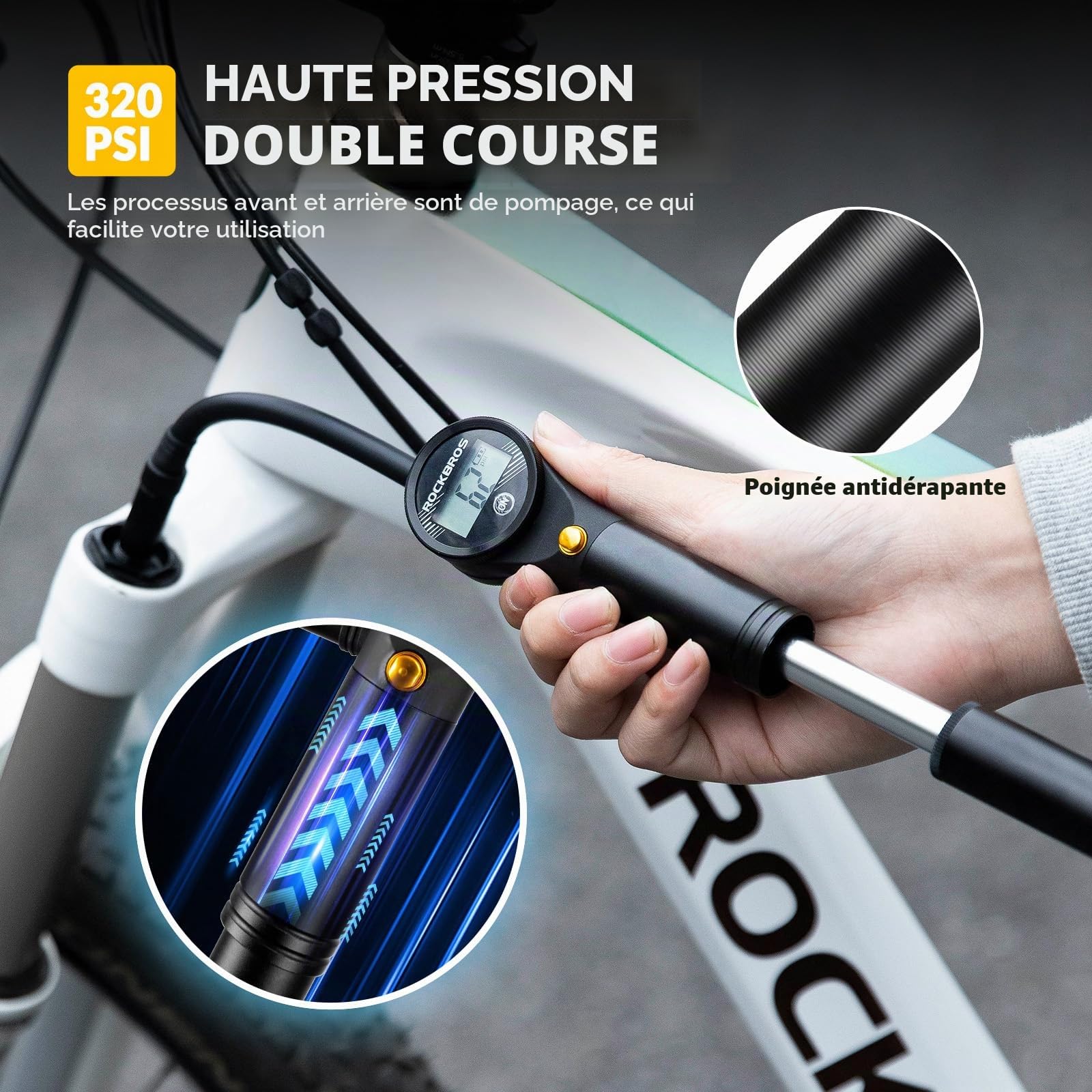 ROCKBROS Mini Pompe à Main Vélo Max. 320PSI Gonfleur Deux Temps Léger Valve Presta Schrader Manomètre Électronique Alliage d’Aluminium VTT Fourche Avant Vélo Trotinnete Électrique Basketball Noir