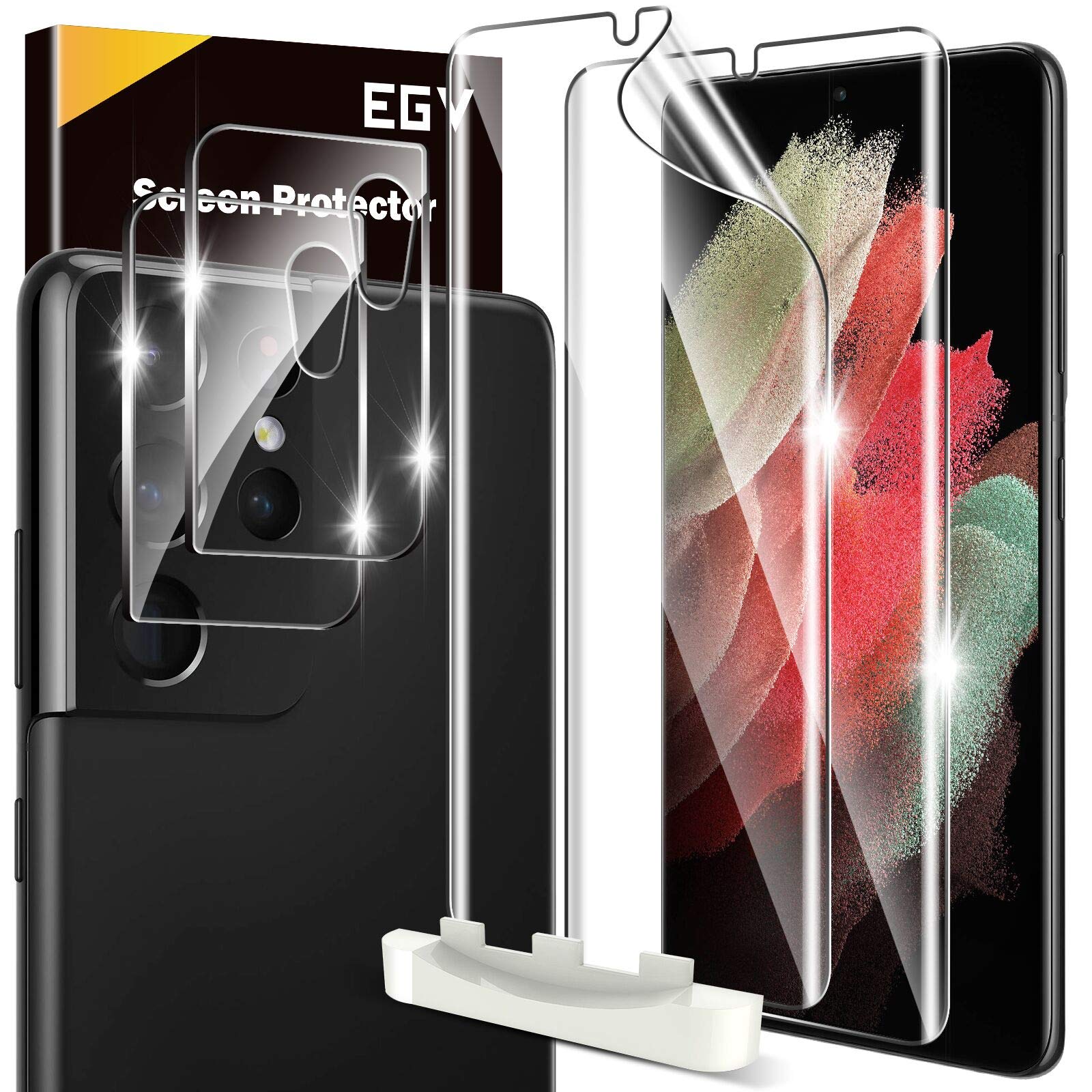 EGV Screen Protector Compatible with Samsung Galaxy S21 Ultra, Pack,  TPU Film and Camera Lens Protector, with Piece Easy Installation Frame