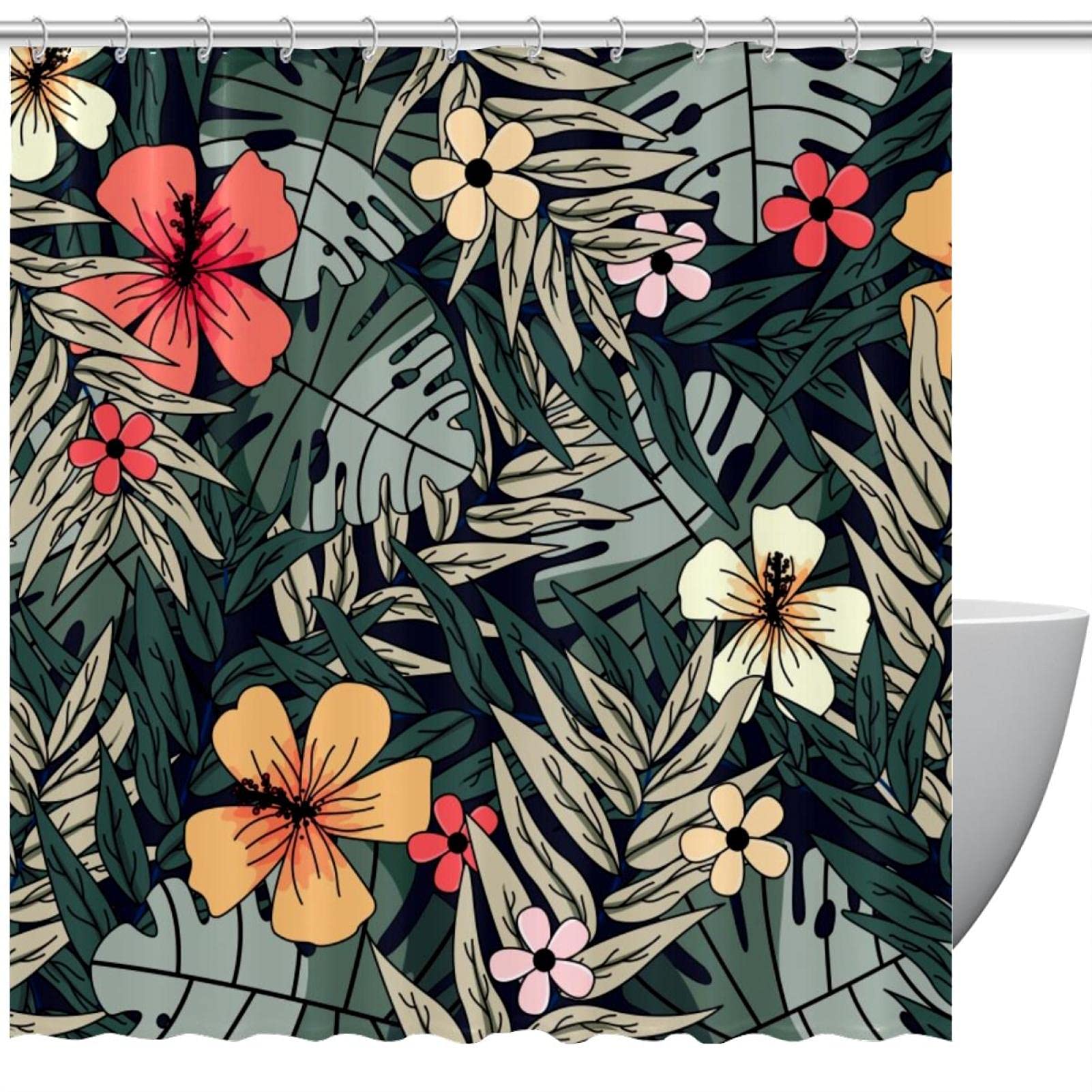 Rideau de douche fleurs tropicales vertes 152x182 cm avec 12 crochets