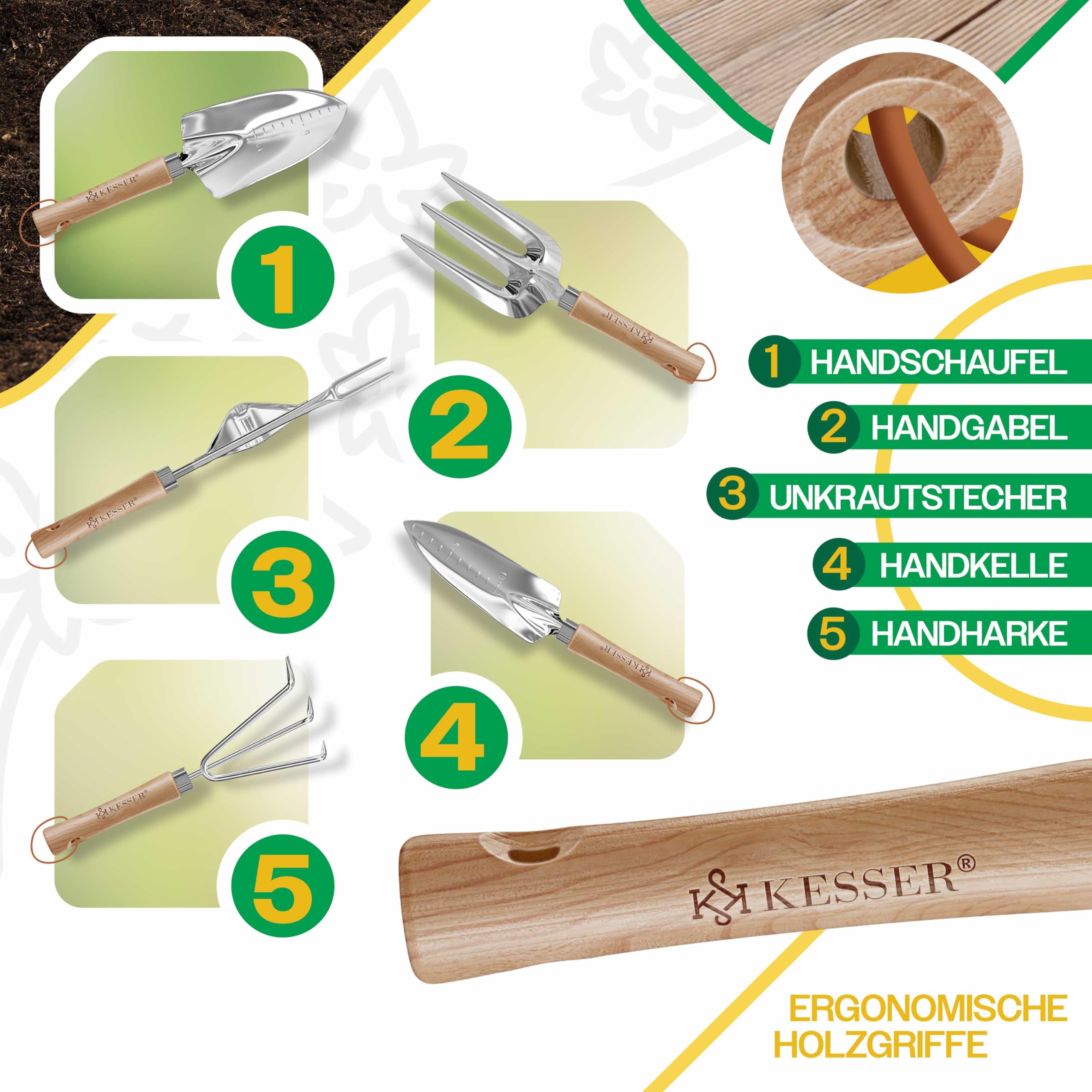 KESSER® Gartenwerkzeug Set 10-teilig mit ergonomischen Holzgriffen inkl. wasserdichte Tasche aus 600D Oxford-Material, Knieschoner, Pflanzmatte, Sprühflasche, Gartenschere, Handschuhe für Gartenarbeit