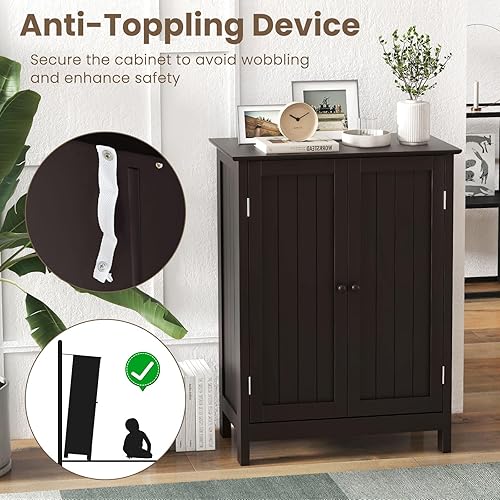 Miniatura 6 de COSTWAY Armario de almacenamiento de baño, organizador de almacenamiento de baño independiente con puertas y estante ajustable, gabinete de piso de