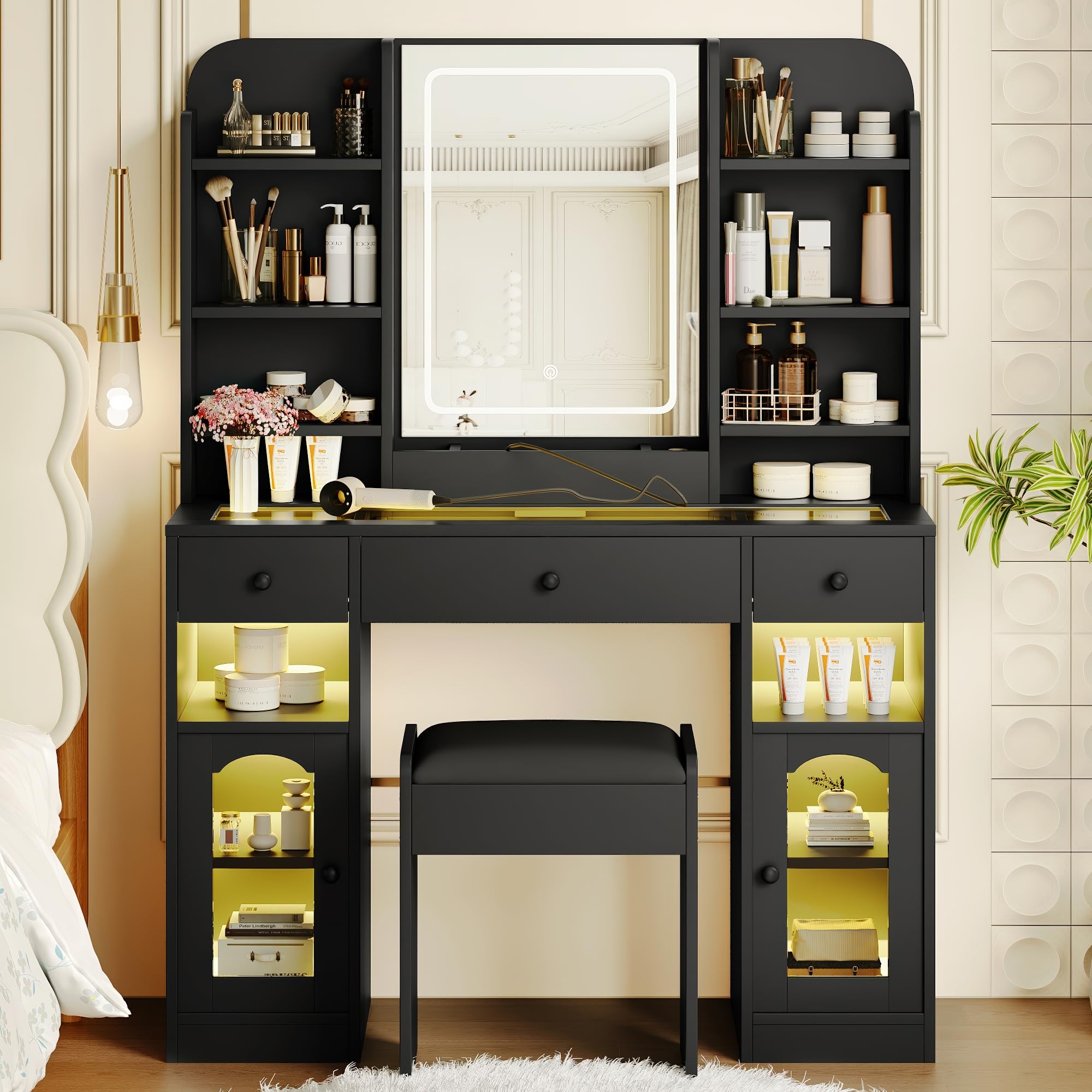 JIVOIT 43.2" Vanity Desk with Mirror, Dressing Table with 3 Drawers, Storage Shelves and Stool, 2 Glass Cabinets, Modern Glass Top Vanity with for Bedroom (Black,032)