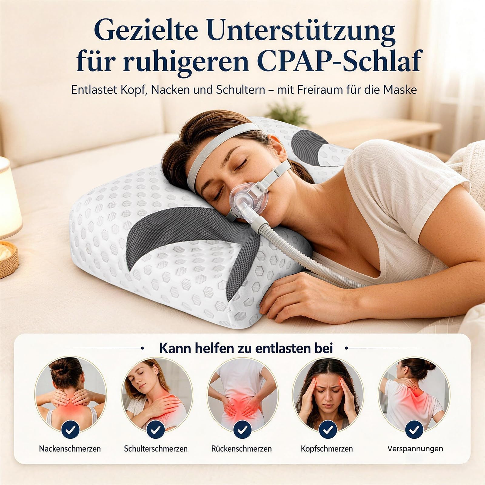 Cuscino CPAP per chi dorme sul fianco riduce le prese d'aria e la pressione della maschera. Cuscino in memory foam adatto per apnea notturna e utenti di maschere CPAP – Cuscino cervicale per