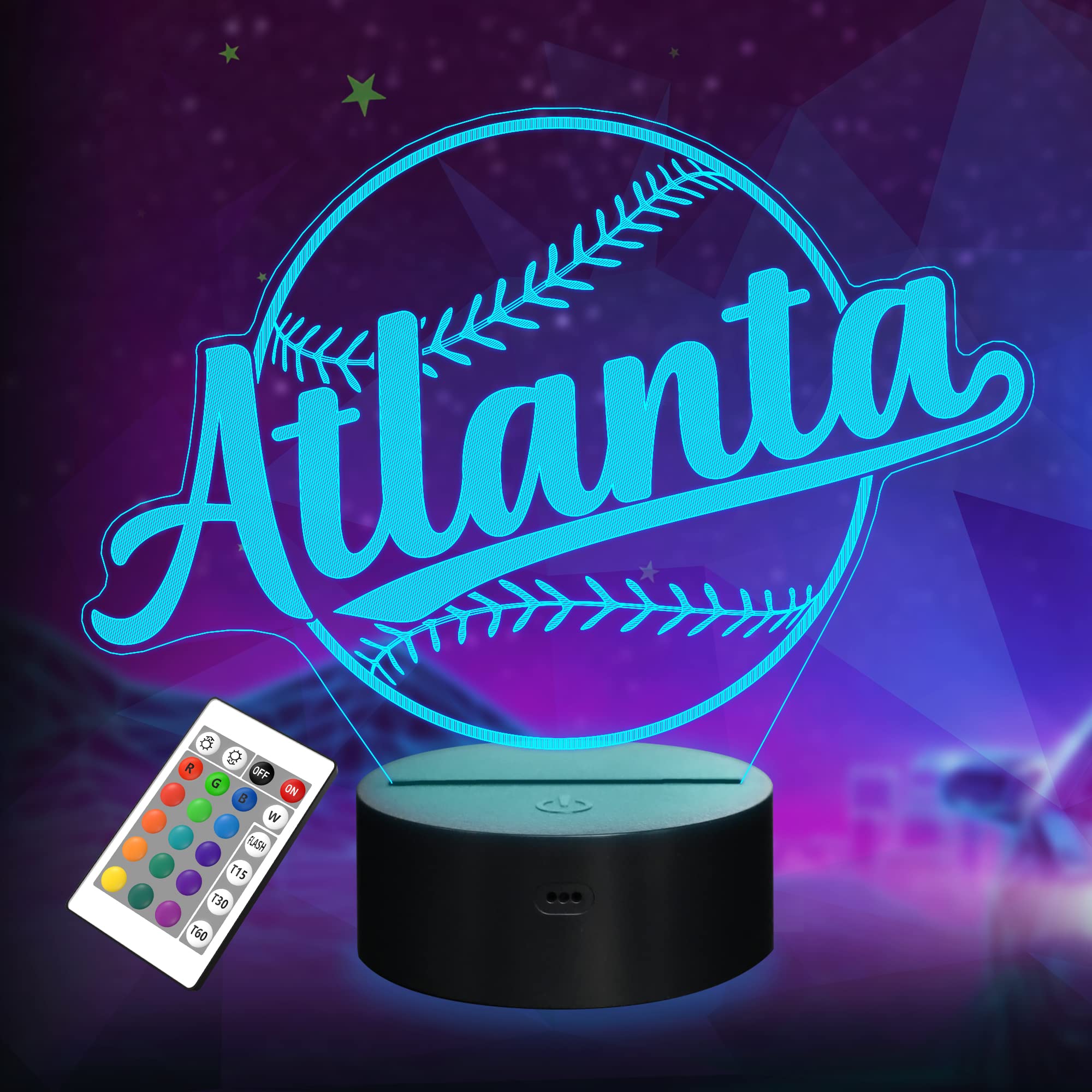 Baseball Gifts, Baseball Night Light, 3D Illusion Lamp for Boys Gift 16 Changing Color Remote Control Kids Room Lighting Ball Decor (Atlanta)
