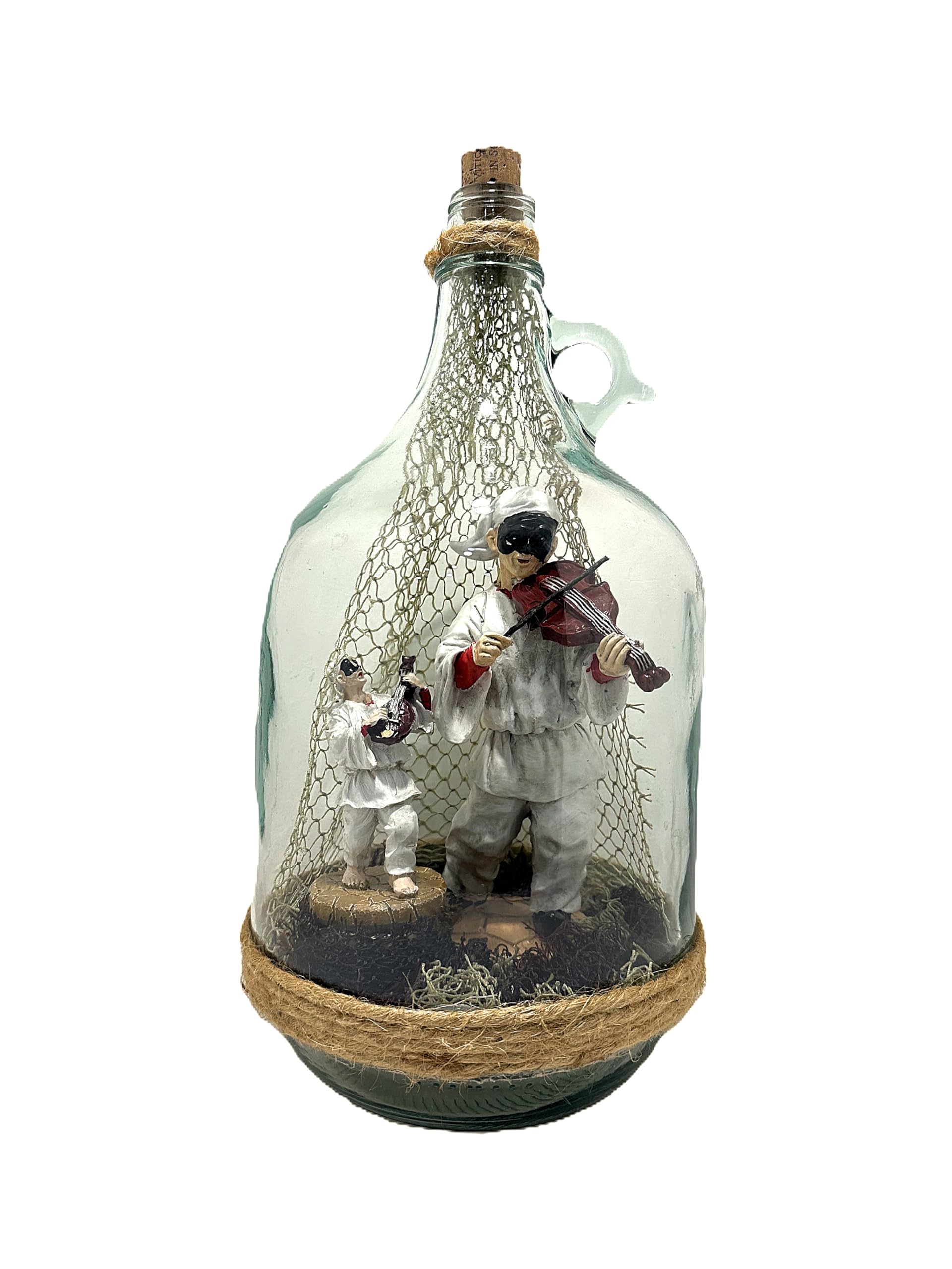 Generico Pulcinella - Músico de damajuana de cristal - Altura 37 cm - Artesanía napolitana hecha a mano - Adorno tradicional con red y cuerda