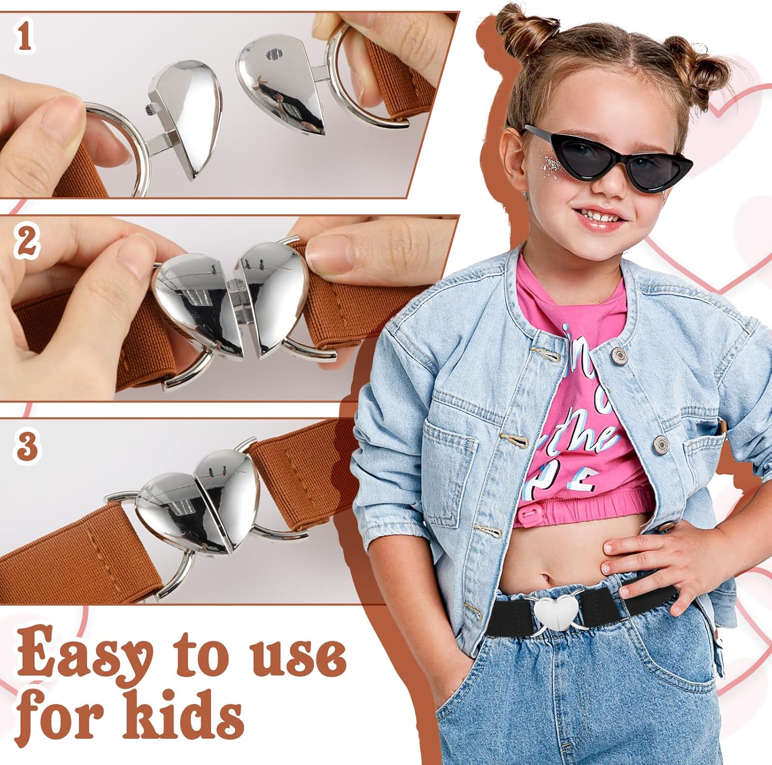 3Pcs Elastic Belts with Heart Buckle for Girls, Cute Stretch Kids Waist Belt Adjustable Toddler Belts for Pants Dress Jeans - Image 5