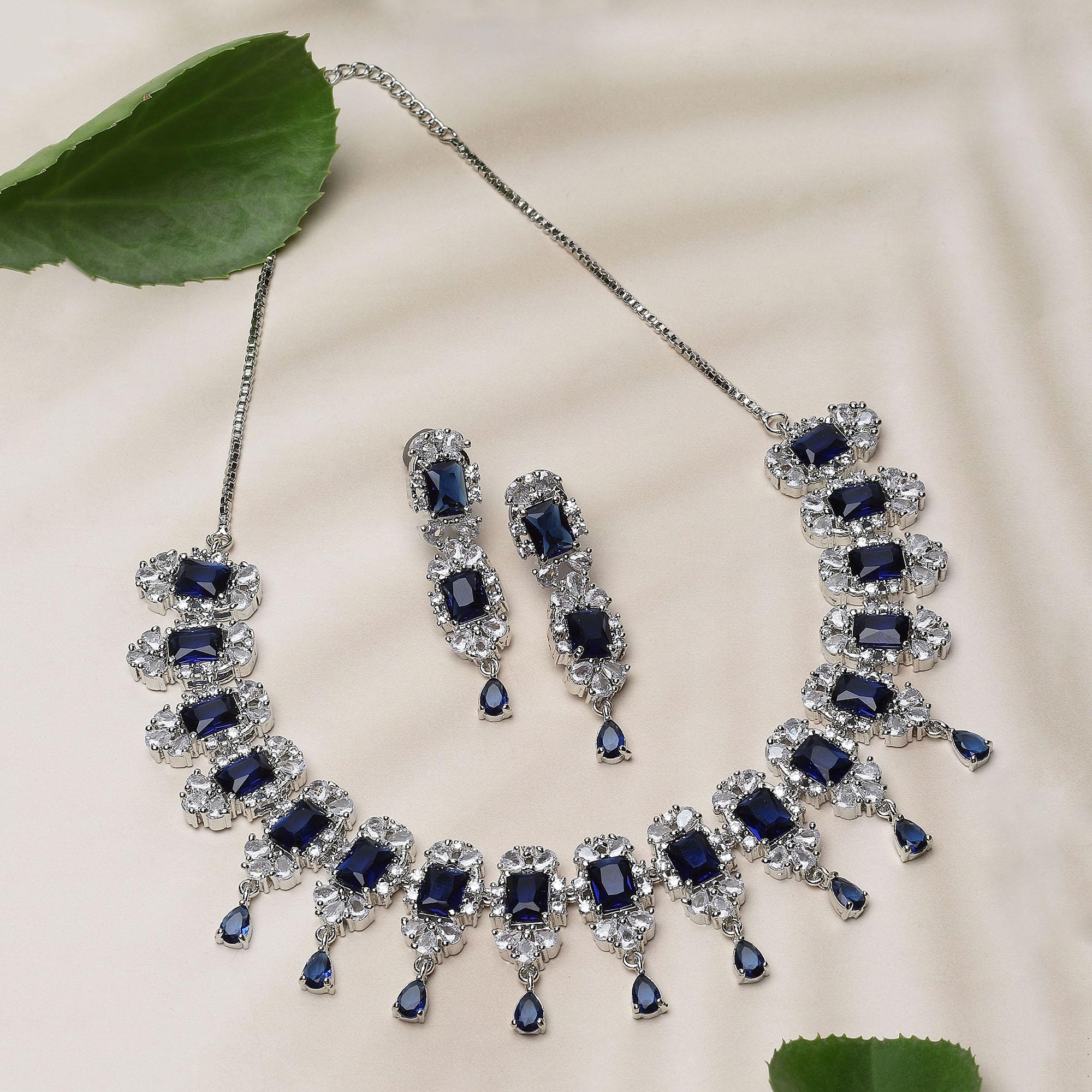 American Diamond Stone Studded Necklace Set (Navy Blue)