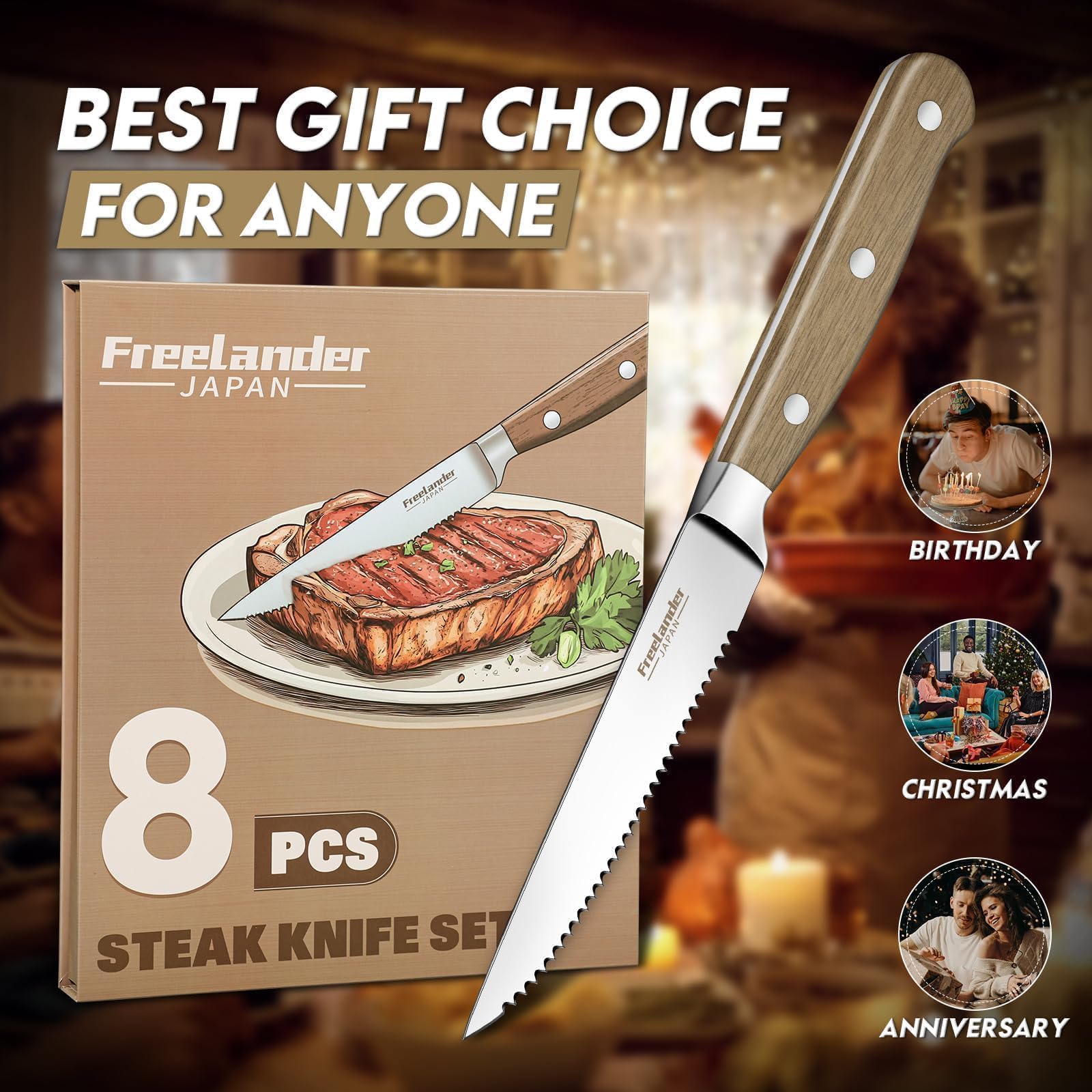 Freelander Juego Cuchillo de Carne 8 piezas, Cuchillos de Mesa con Sierra con Filo Dentado y Mango de Madera Ergonómico, Cuchillos de Bistec Afilados para Cortar Bistec y Carne