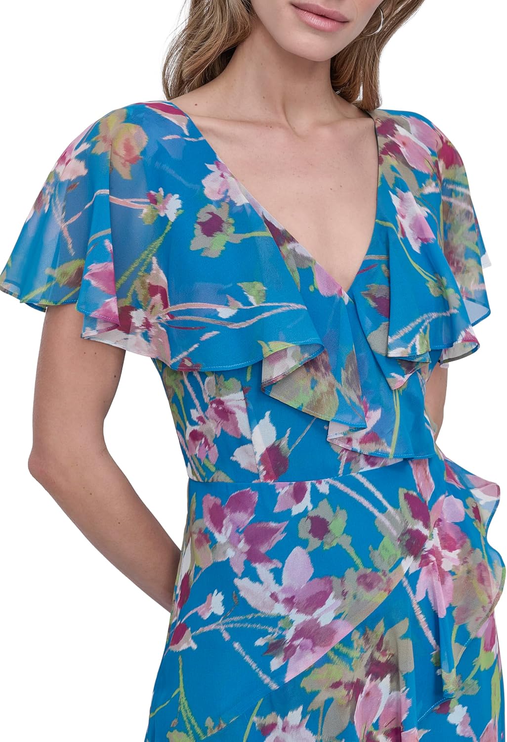 DKNY Womens Short Flutter Sleeve V-Neck High Low Hem Ruffle Dress - Image 5