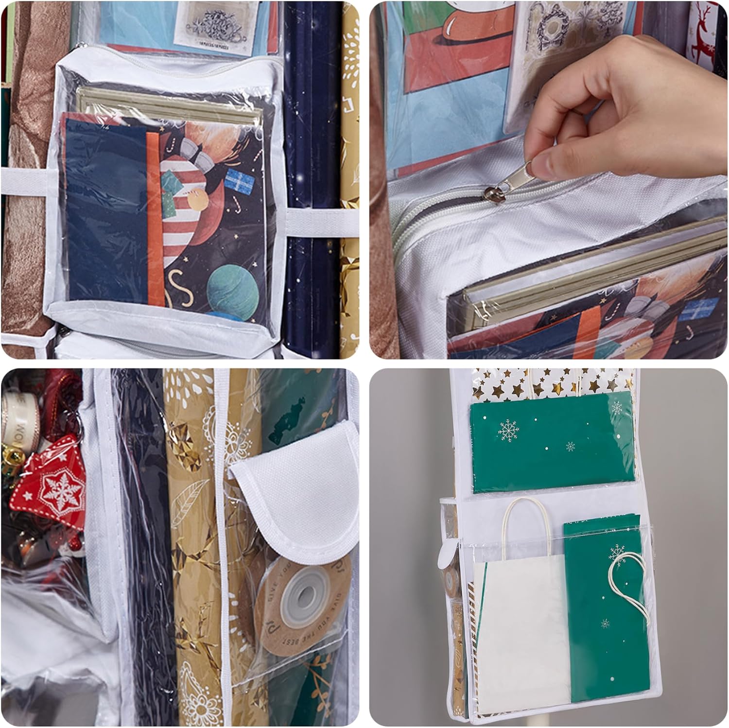 Christmas Decorations Wrapping Paper Storage Double-Sided Christmas Home Wrapping Paper Organizer with Clear Pockets 40x16 Inch Hanging Craft Wraping Roll Containers