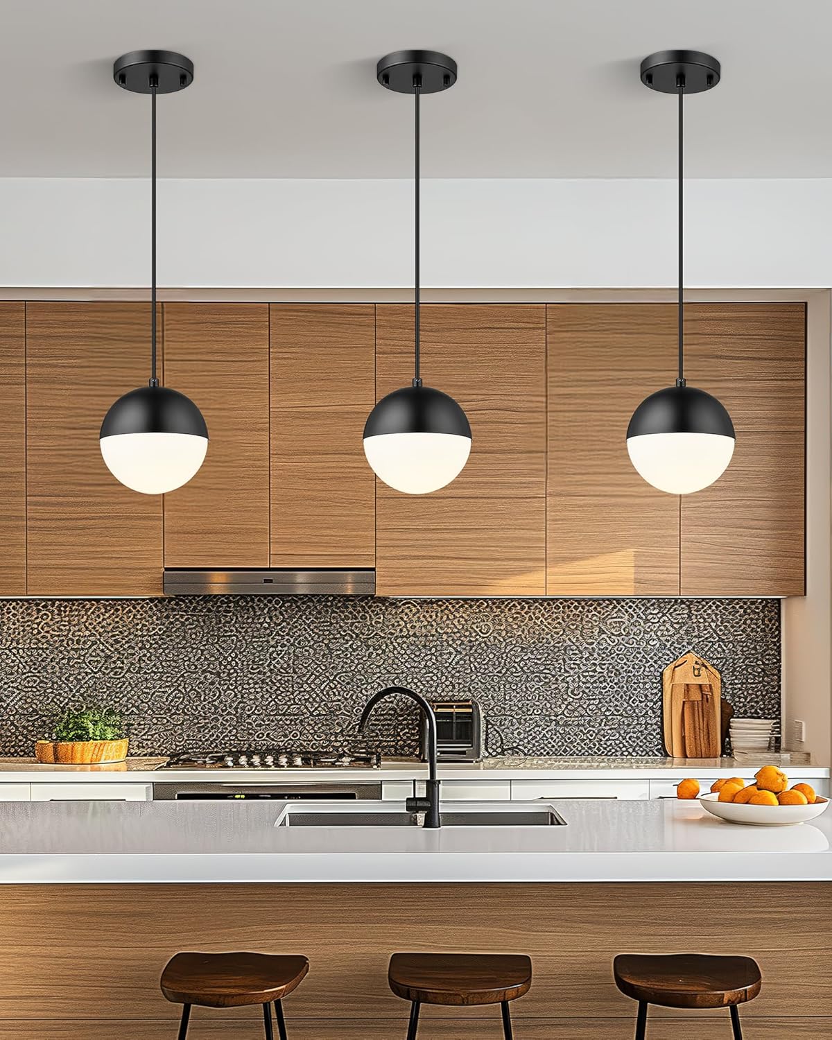 lms mid century pendant lights, matte black kitchen island light fixtures with white globe glass shade, adjustable hanging cord, 3 pack for home office dining room bathroom, lms-186pl-bkws3pk black 6" white glass, 3 pack
