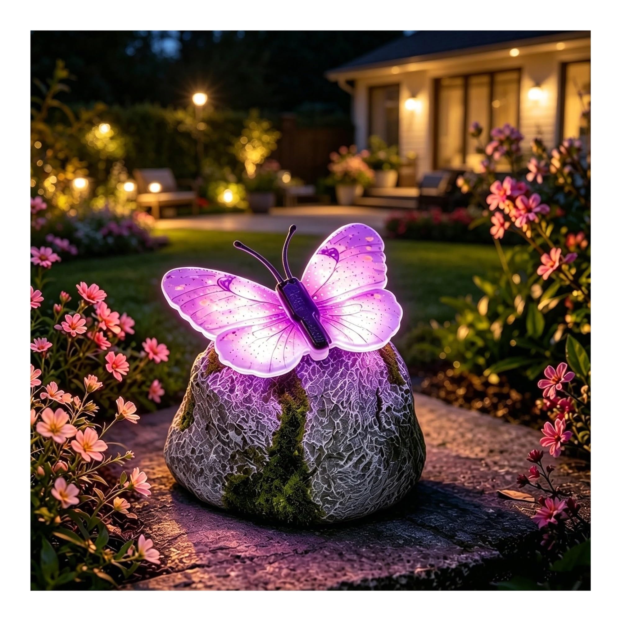 sloiaz Illuminated Butterfly Stone Garden Light, Waterproof Outdoor Solar Butterfly Decor, Unique Yard Art Figurines, Glowing Lawn Ornaments(Purple)
