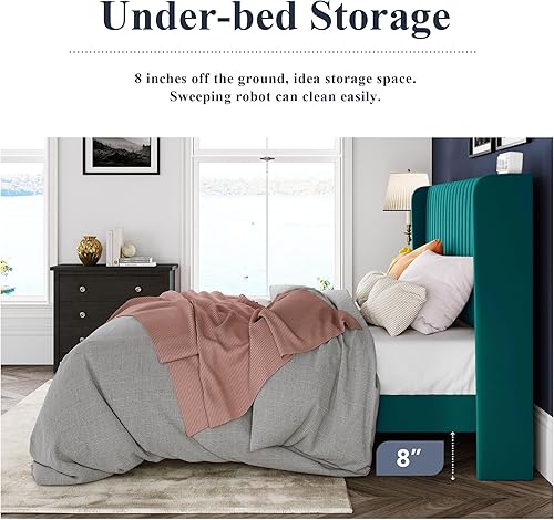 Miniatura 6 de Allewie Marco de cama tamaño queenplataforma tapizada de terciopelo, cabecera con alas de canal vertical, listones de madera fuertes, no necesita