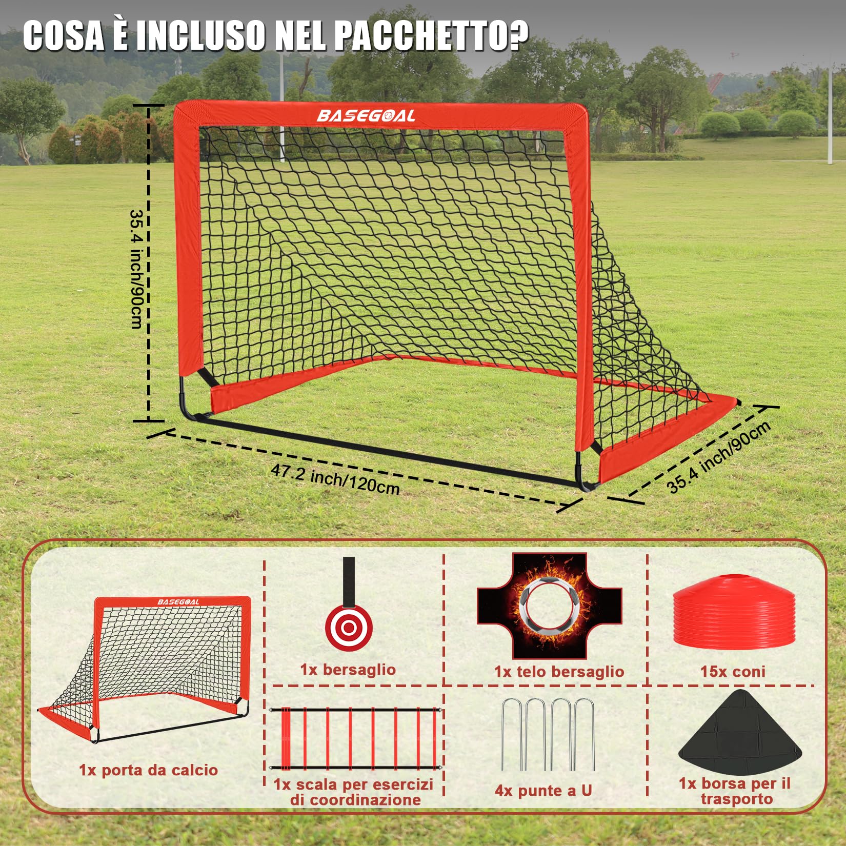 BaseGoal Porta da Calcio per Giardino 120x90cm con Completo per Allenamento