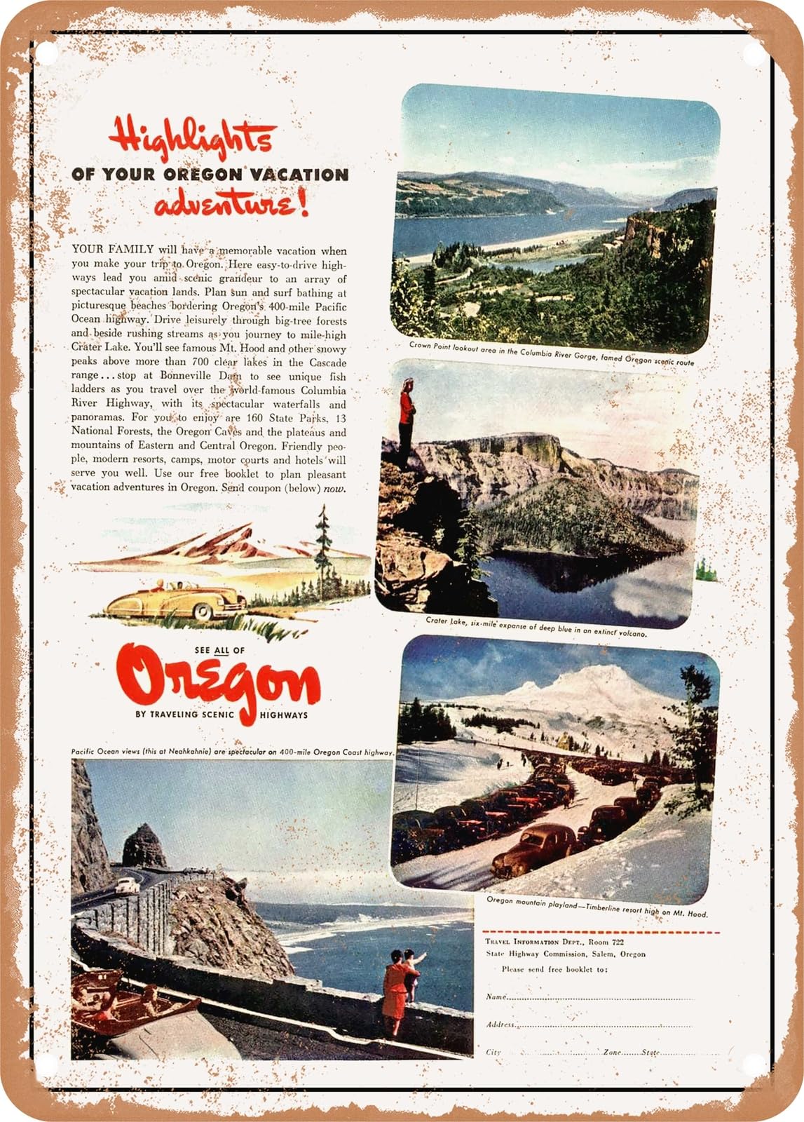 Miaomansenstore Metal Sign - 1947 Highlights Of Your Oregon Vacation Adventure Vintage Ad Home Decor