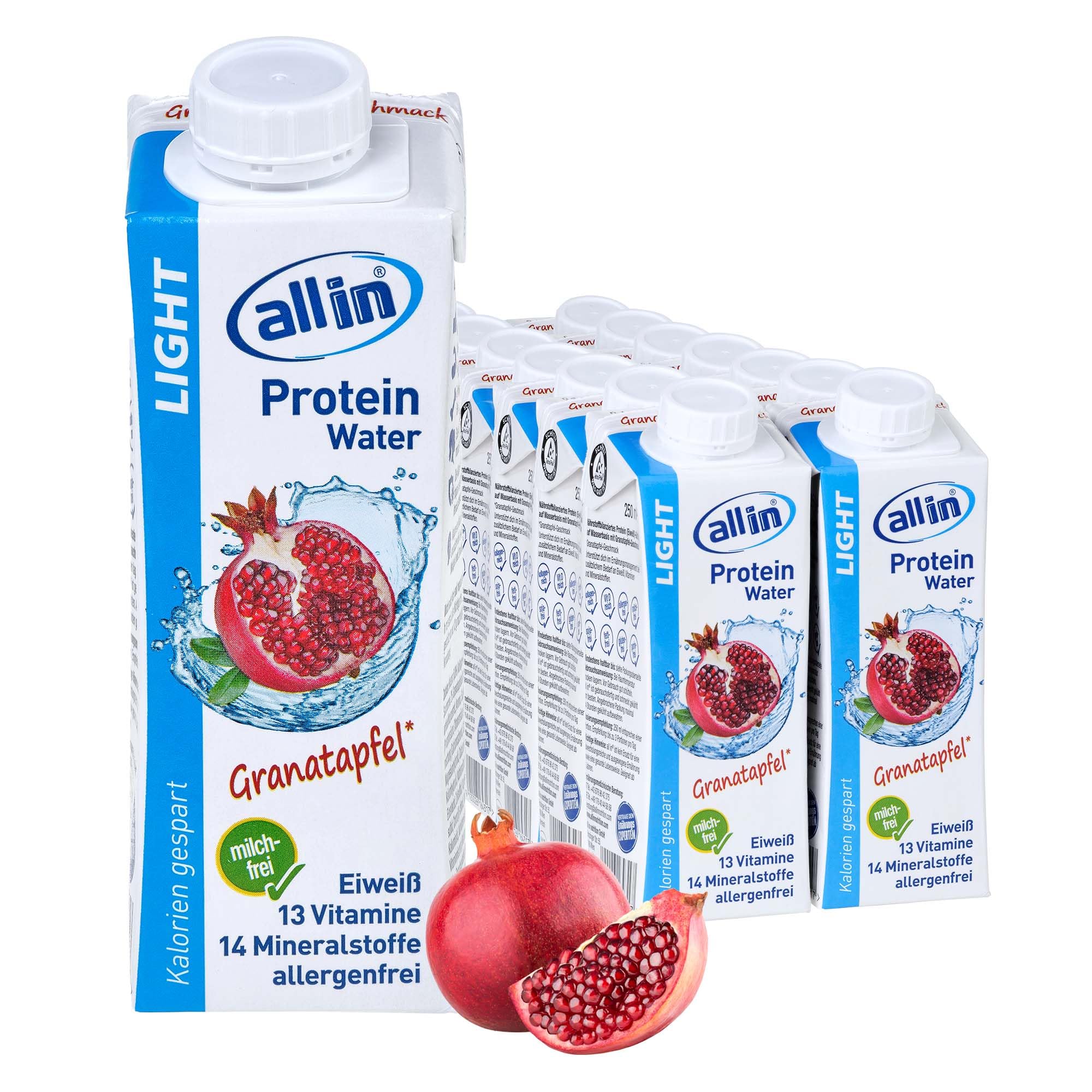 all in® LIGHT Protein Water Granatapfel 14 x 250 ml - Low Carb Vital Drink für Sport Workout oder zum Abnehmen | fettfreies Protein Wasser