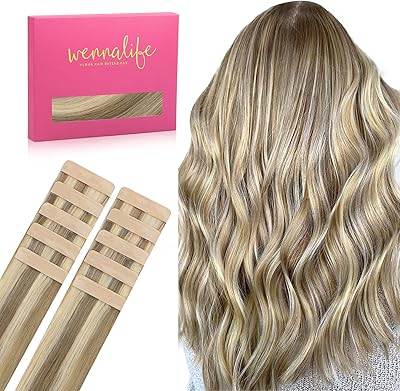 WENNALIFE Tape Extensions Echthaar, 35cm 25g 10 Stück Invisible Tape in Extensions Echthaar, Echthaar Extensions Tape, Remy Gerade Haarverlängerung Echthaar #8A/22 Ash Braun Highlights Goldblond