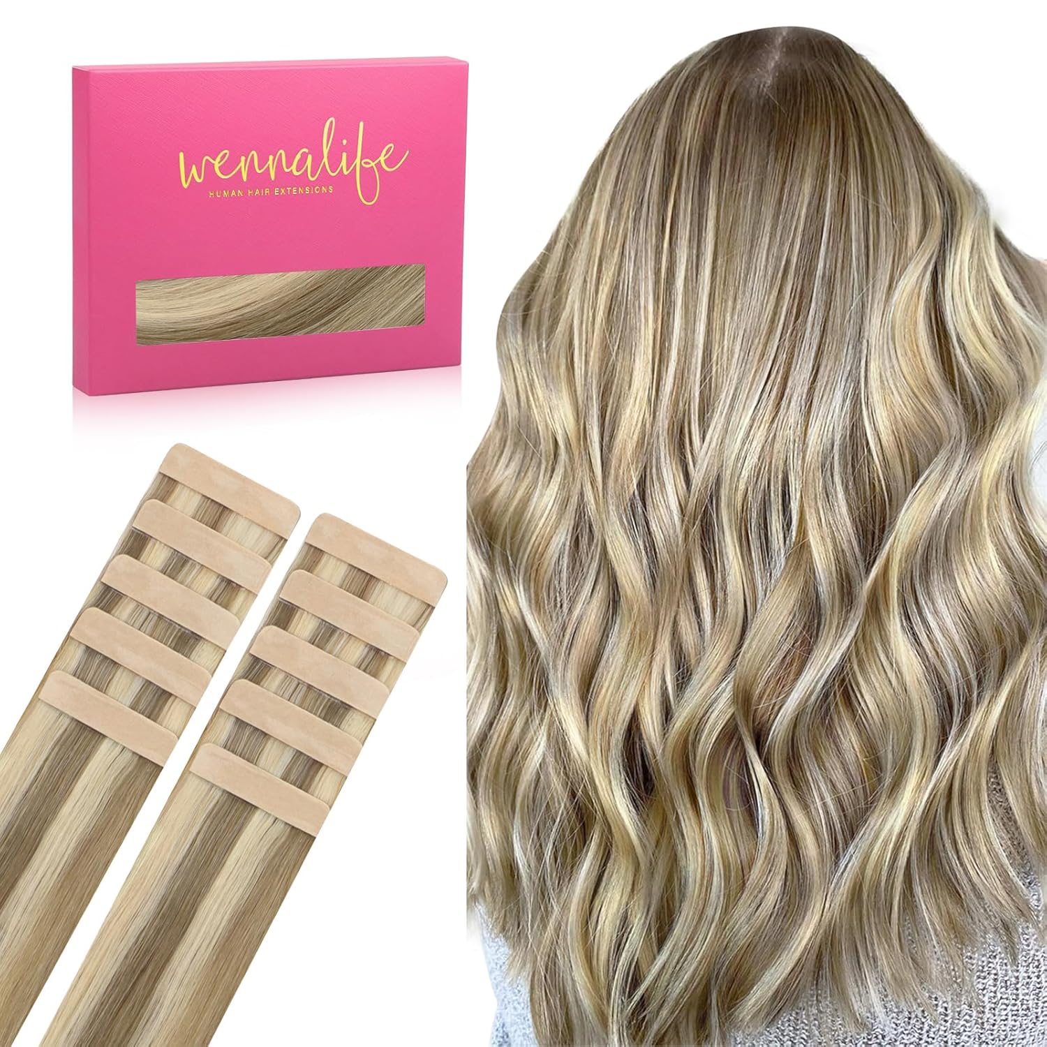 Wennalife Human Hair Ash Brown Highlighted Golden Blonde Tape Extensions, 10pcs 30g 22 inch Remy Invisible Tape Ins Straight Colored Soft Extensions Refill Set