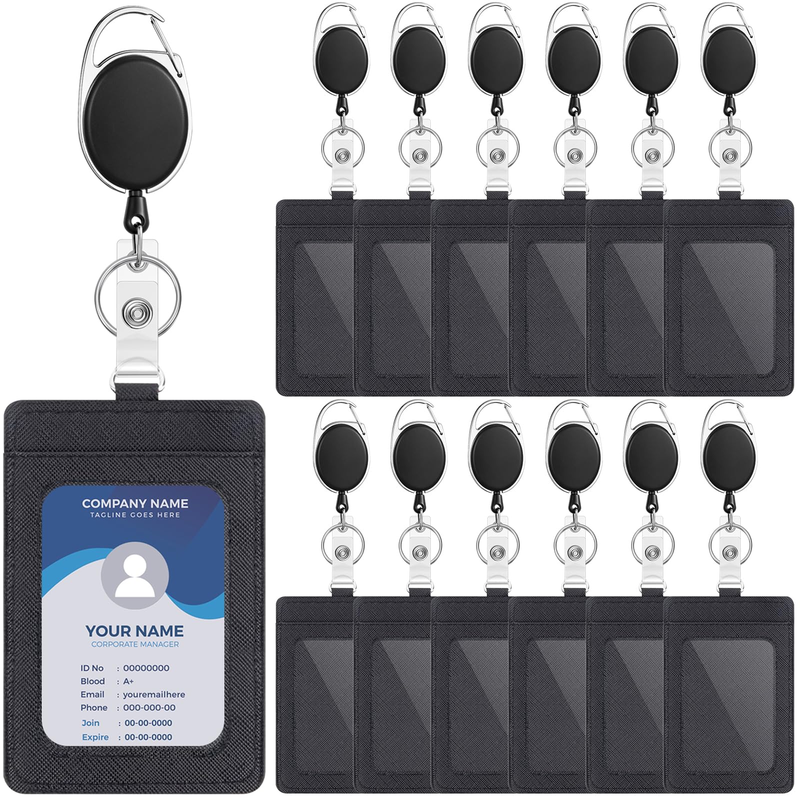 Dispowreath Confezione da 12 porta badge e clip retrattili resistenti, porta badge verticali in pelle con finestra trasparente per documento d'identità e slot per carte di credito, per portachiavi