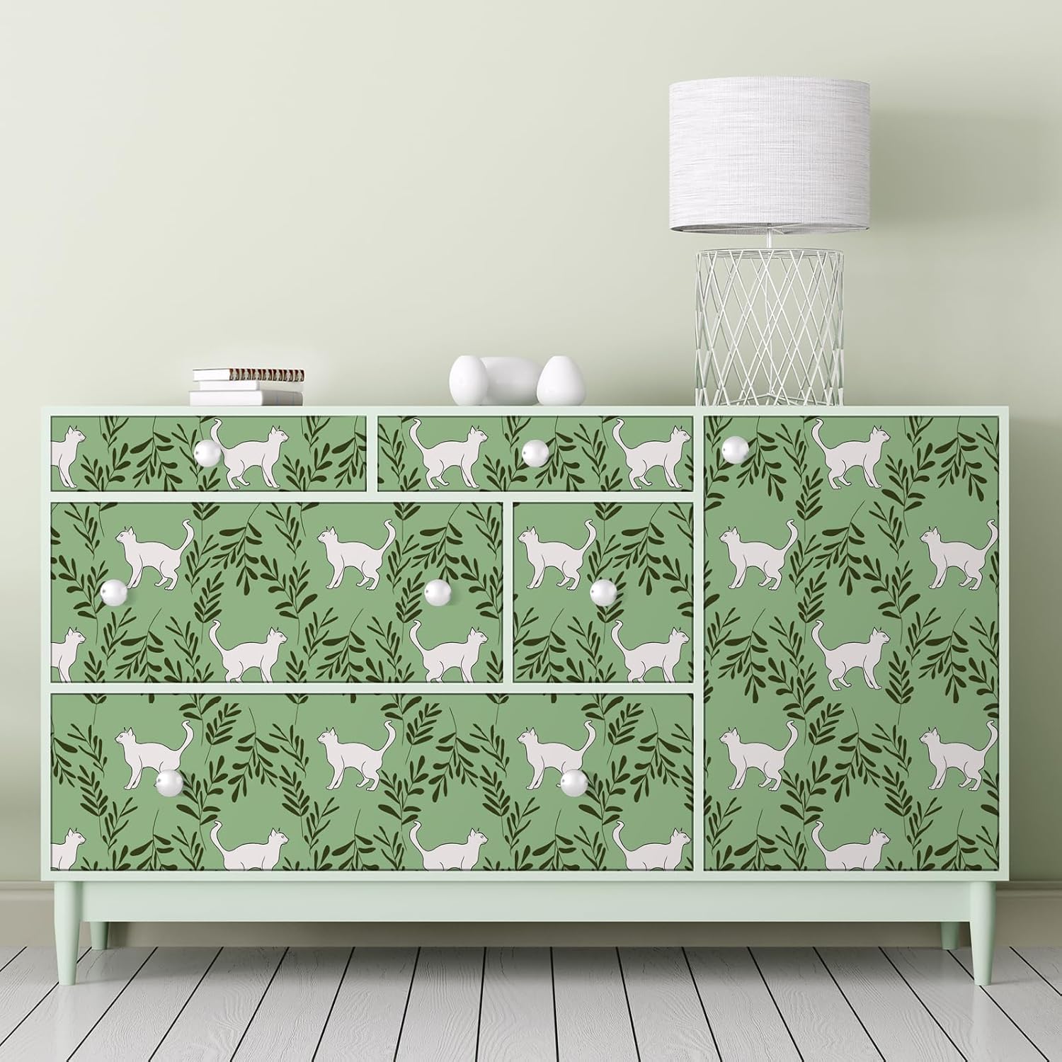 VaryStyle Green Cat Wallpaper Sage Green Cats Fern Leaf Floral Peel and Stick Wallpaper for Nursery Bedroom Removable Self Adhesive Animal Print Contact Paper for Walls Cabinets Drawers 17.7"x118"