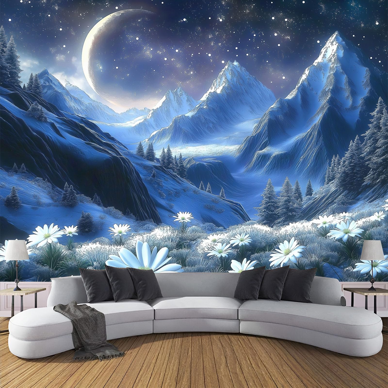Tapisserie Panoramique Salon Motif Fleurs et Lune Bleu Foncé de Luxe
