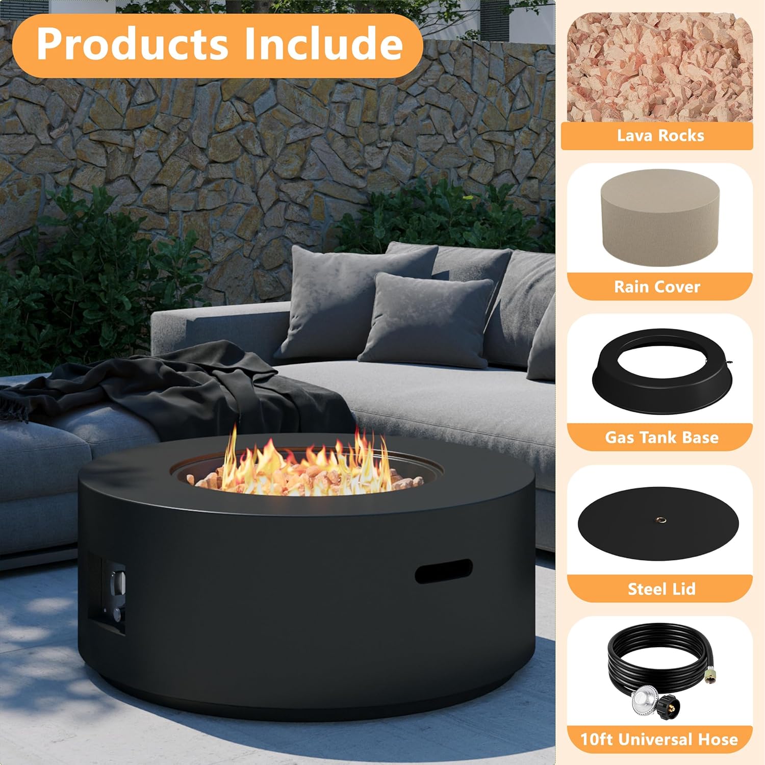 32 inch Round Propane Fire Table, 50,000 BTU Gas FirePit, Patio Fire Pit Table with Steel Lid, Rain Cover, 10ft Propane Hose, Lava Rocks, Black