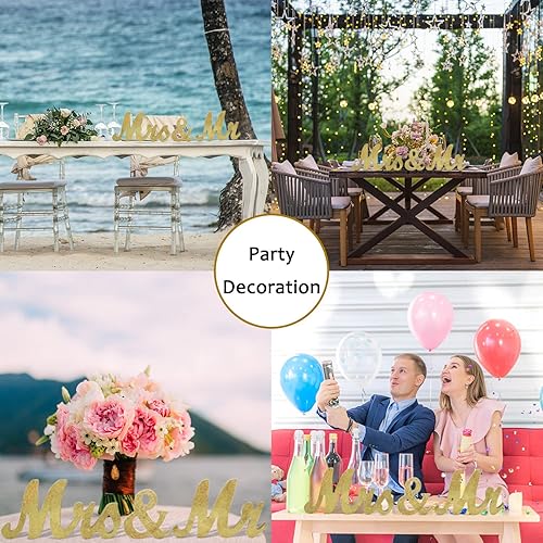 Vista 3 de Letras de madera de Mr & Mrs para mesa de boda, decoración de mesa dorada grande con el señor y la señora cariño, letrero de madera de señor