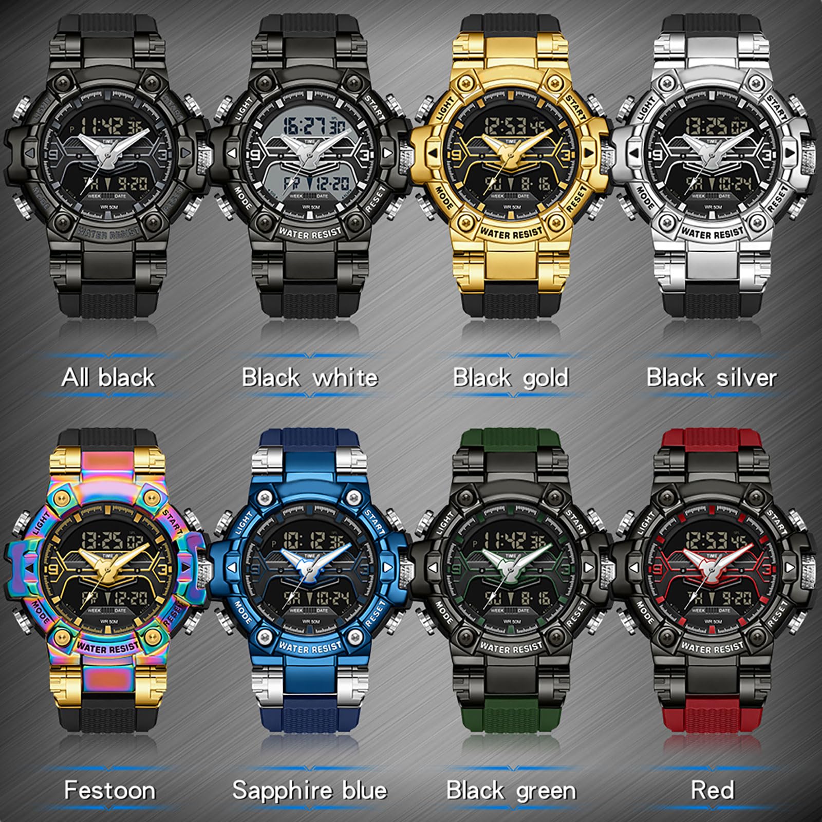 findtime Orologio da polso digitale da uomo, analogico, doppio display, nero, resistente agli urti, sportivo, con cronometro, illuminazione LED, allarme, data