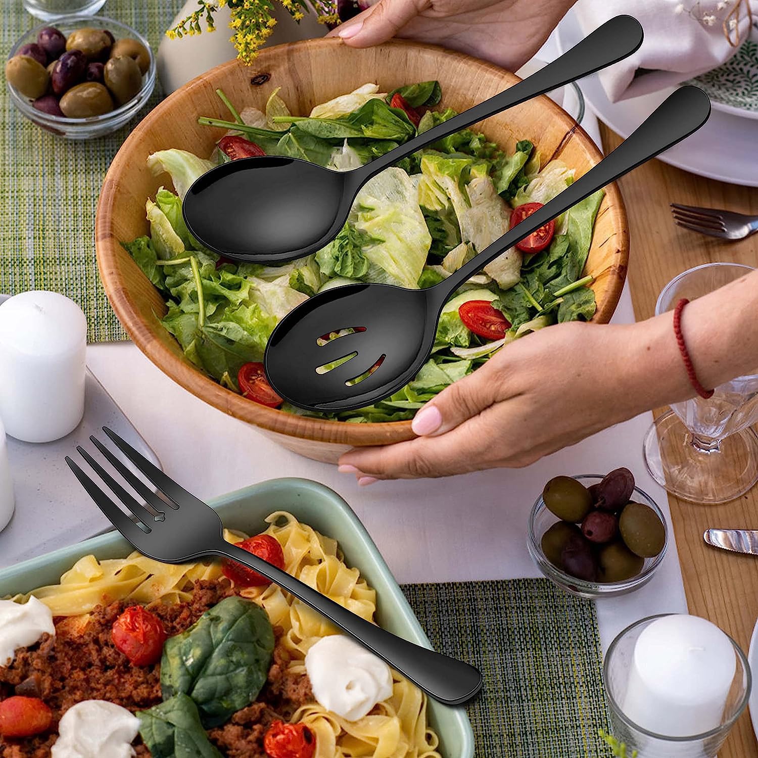 6-Piece Black Stainless Steel Serving Utensils Set - 2 Spoons, 2 Slotted Spoons, 2 Forks, Mirror Polish, Dishwasher Safe