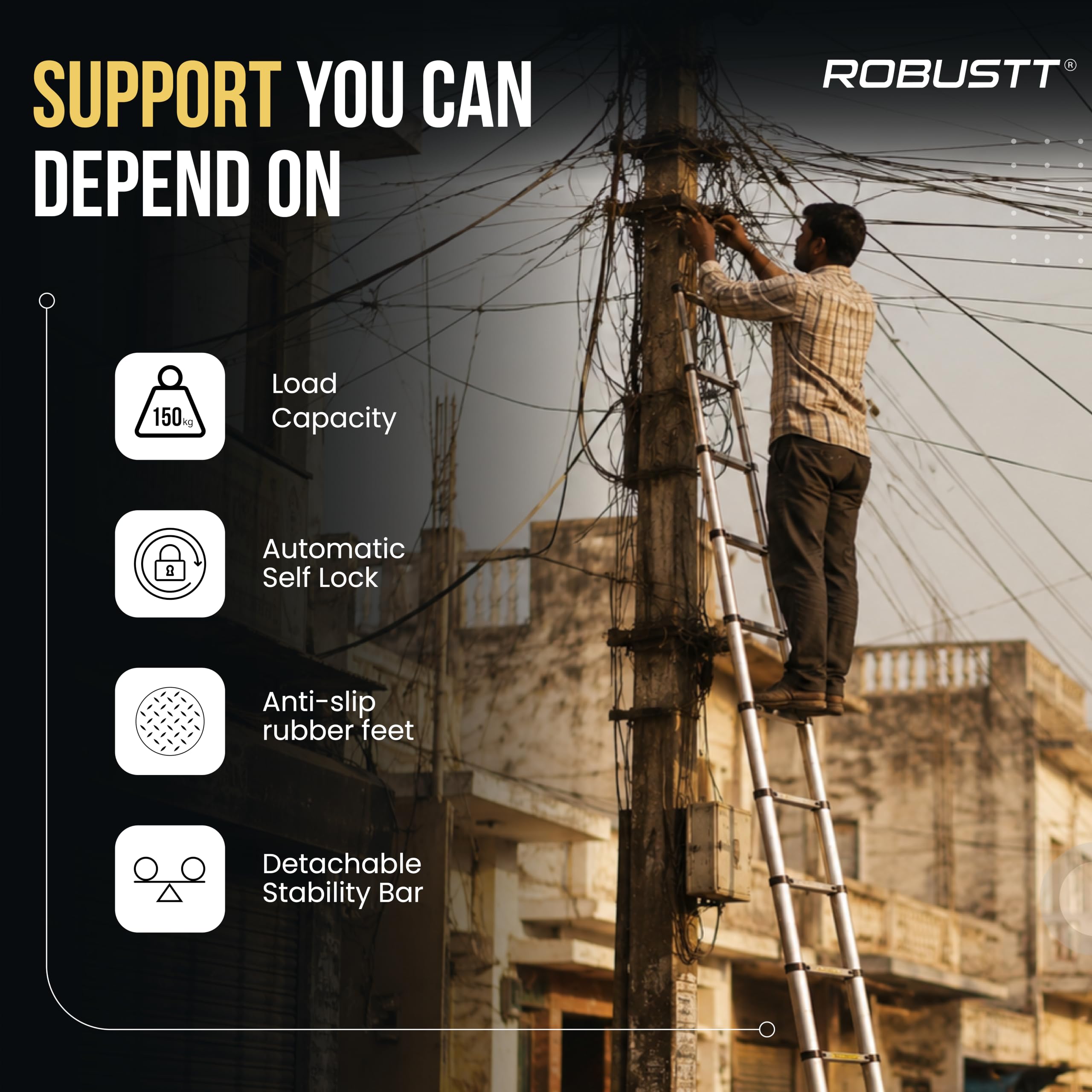 Robustt 9.5 FT / 290 Cm Telescopic Folding Ladder | 150 kg Load Capacity| Locking Steps| Collapsible | Portable Ladder for Home, Construction and Outdoor use | 2 Years Warranty — Amazon image 3