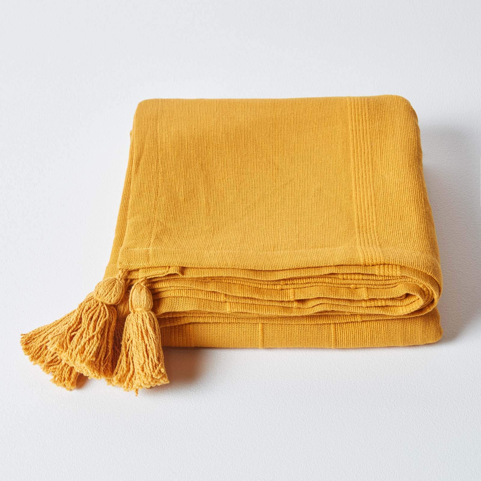HOMESCAPES Plaid canapé en Coton, Jeté de lit ou de canapé tissé Main - Rajput - Jaune Moutarde - 225x255 cm