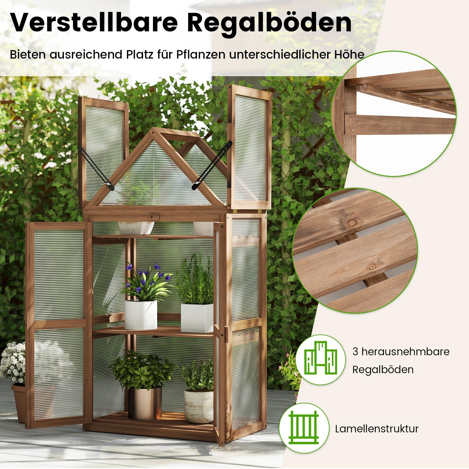 GOPLUS Mini Gewächshaus, 3-stöckiges Anzuchthaus, Treibhaus Holz, erhöhtes Pflanzenbeet mit transparentem Doppeltüren & aufklappbarem Dach, Frühbeet Tomatenhaus Aufzuchtschrank für Garten, Hof, Balkon