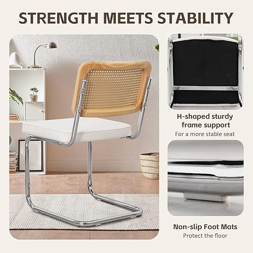 Miniatura 7 de Juego de 4 sillas de comedor de terciopelo blanco tapizadas sin brazos con respaldo de ratán, marco cromado inoxidable para comedor, apartamento,