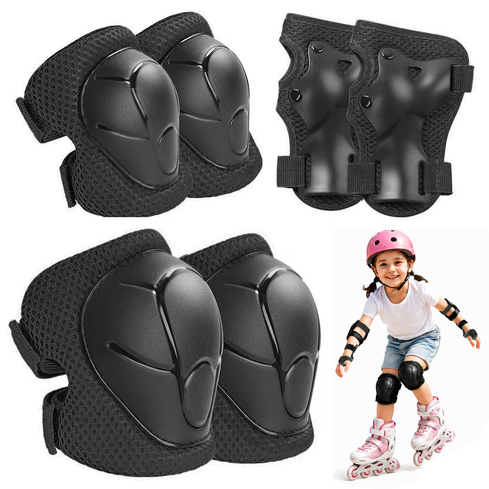 Kids Knee and Elbow Pads, 6Pcs Knee Pads Wrist Guards Elbow Pads for Children, Outdoor Sports Protective Gear Set for Scooter Skateboard Cycling, Breathable Lightweight, Black