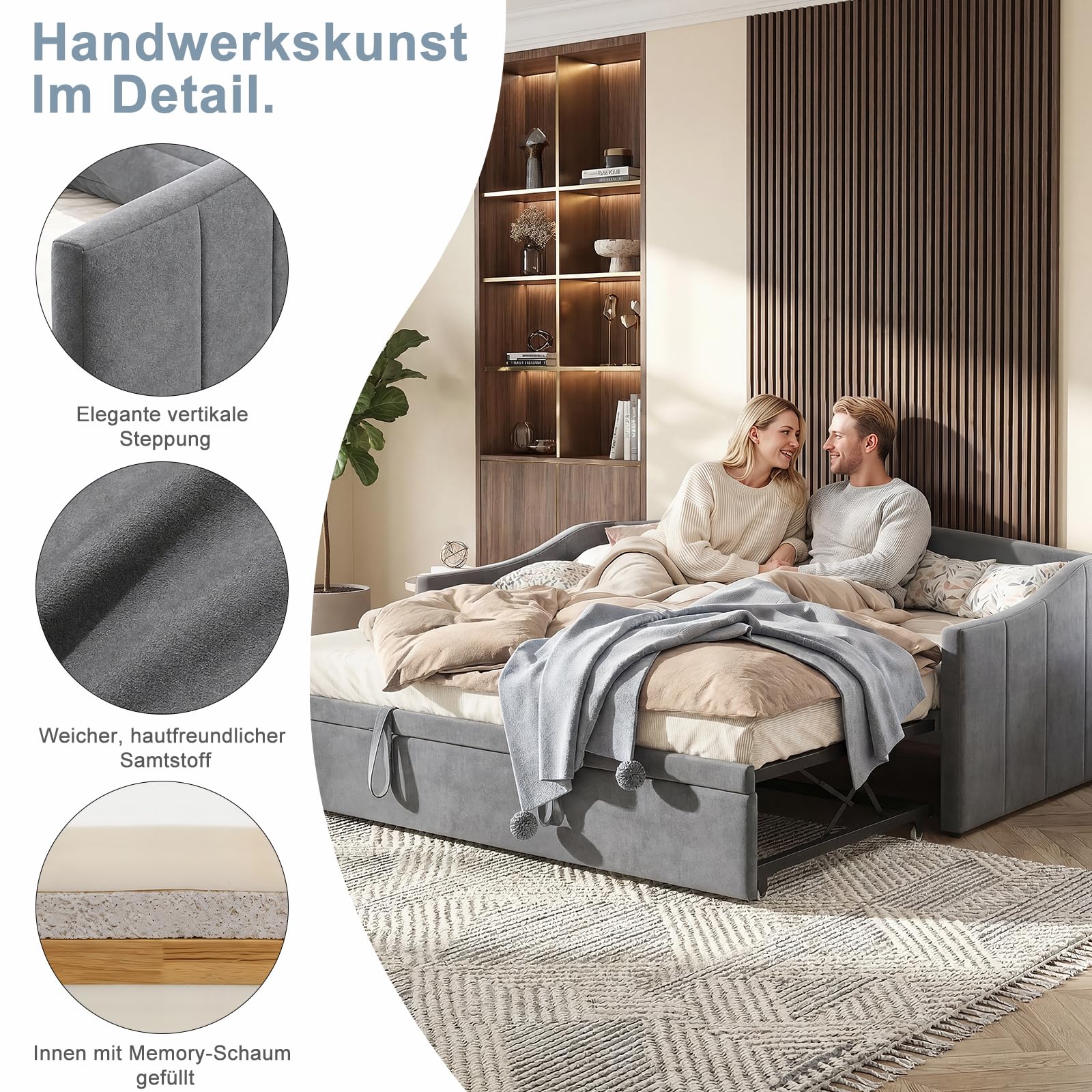Ausziehbares Tagesbett 90/180x200 cm, Polsterbett Schlafsofa mit ausziehbarem Rollbett & Lattenrost,Schlafcouch Ausziehbar zum Doppelbett, Samt, Beige, Ohne Matratze (Grau-1)