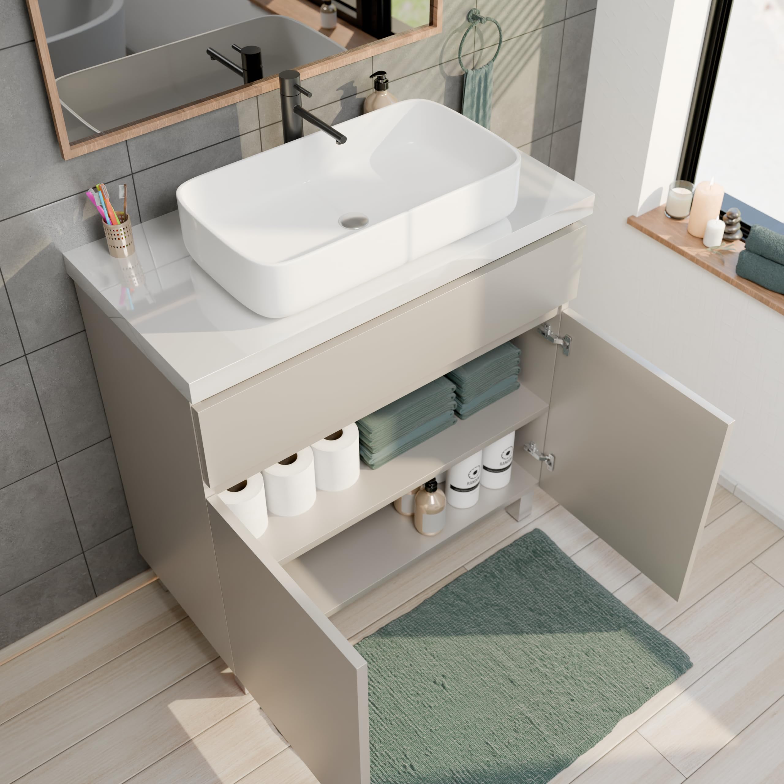 Mueble de baño Ariza Top, suspendido, 80 cm de Ancho, sin Lavabo, con cajón, para lavabos de sobre encimera - Cachemira Mate