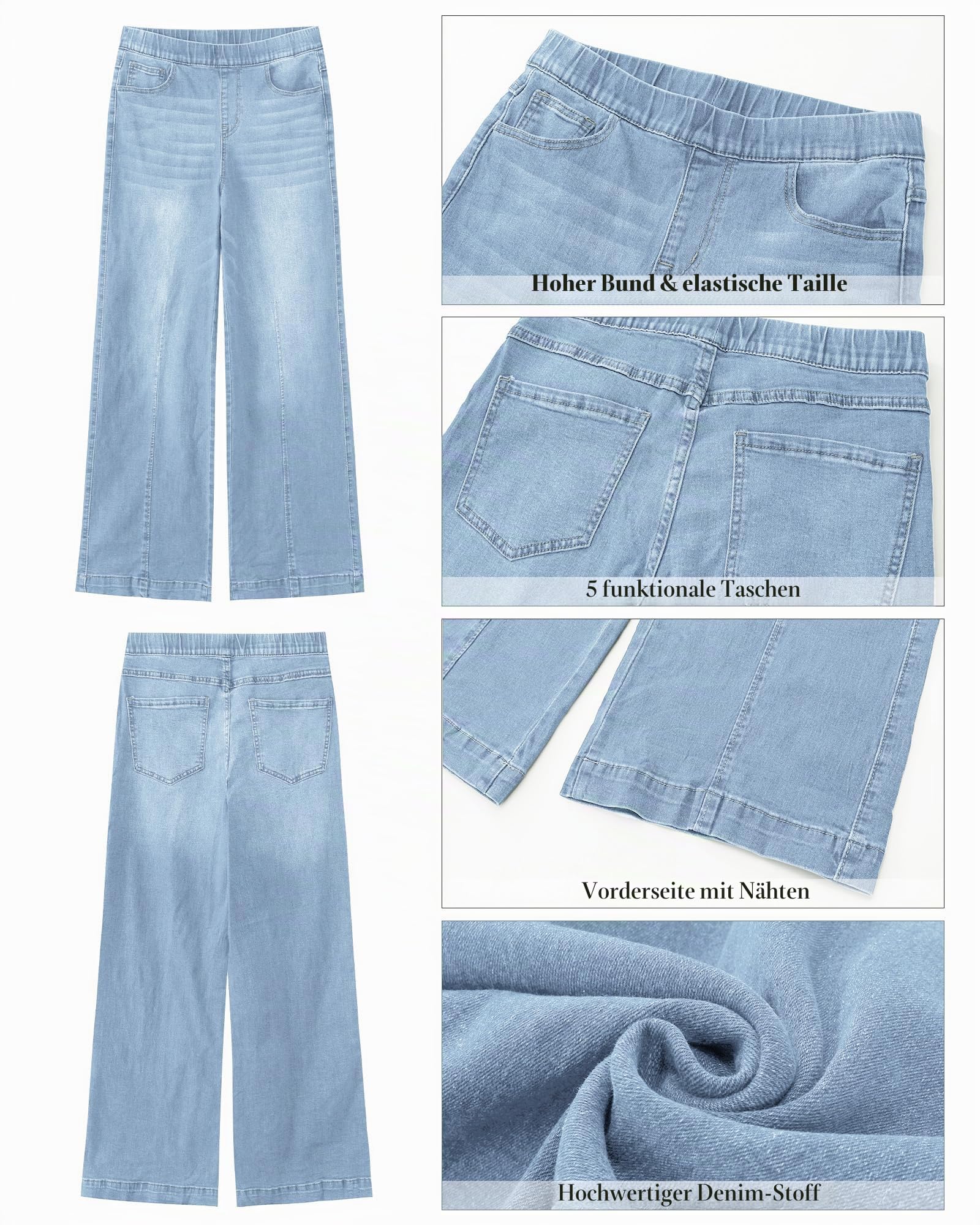 Roskiky Jeans Damen High Waist Pull On mom Jeans Stretchy High Waisted Denim Wide Leg Trouser Pants Trendy Front Seam 90s Loose Jean