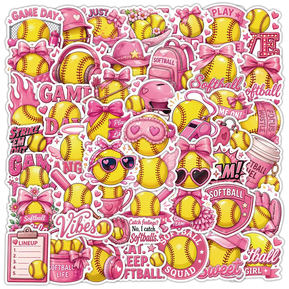 Pack of 50 Pink Softball Vinyl Stickers Waterproof Self-Adhesive