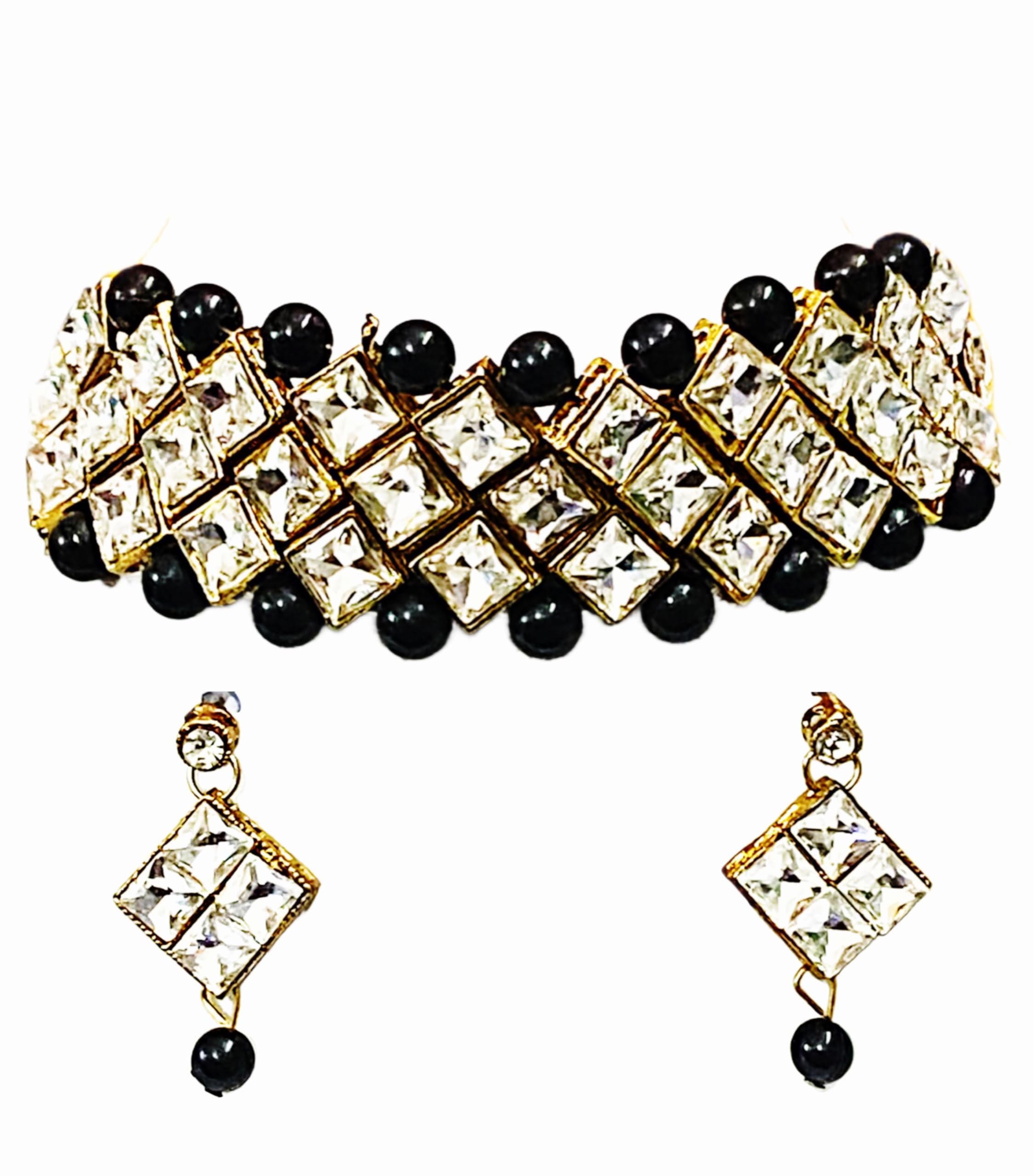KVZONES-Gold Plated Traditional Shimmering Stone Choker Set For Women and Girls With Elegant Earrings (Black) (B0CP5P2HGS) Amazon Price History, Amazon Price Tracker