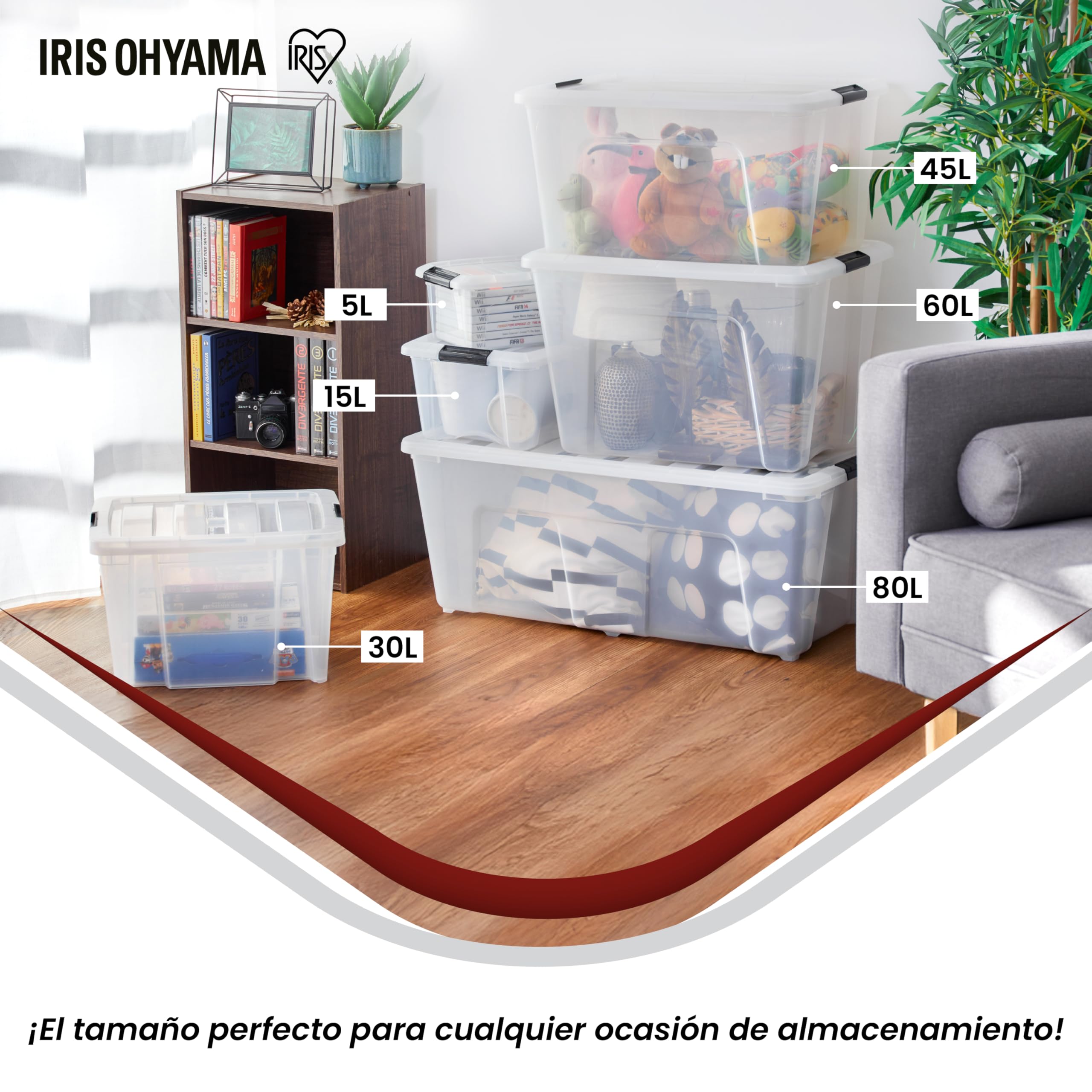 Iris Ohyama 4 Cajas de Almacenaje Plastico con Tapa, 60L, Transparente, Clips de Cierre, Duradero, Apilable, para Dormitorio, Armario, Oficina, Organizadora, Ropa, Libre de BPA, NTB-60