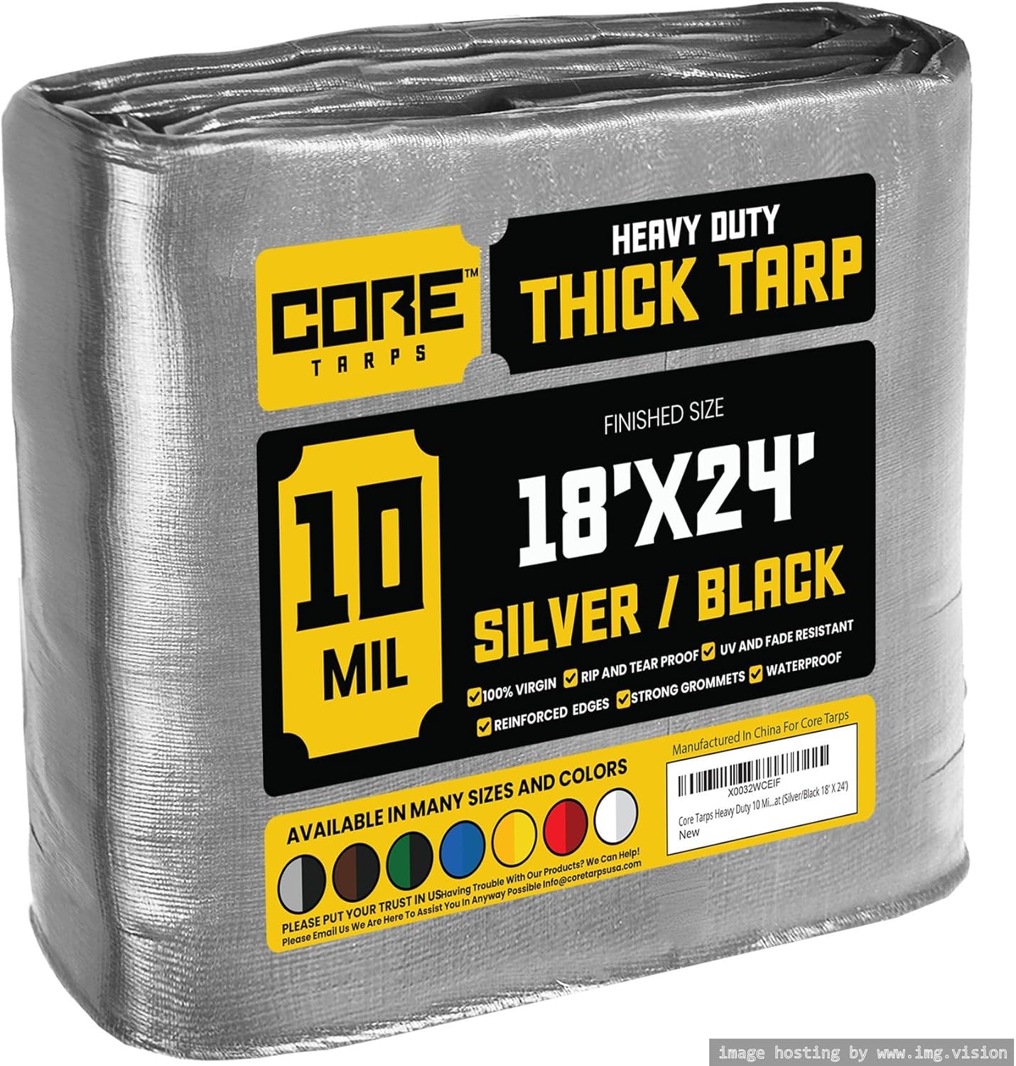 Core Tarps Heavy Duty 10 Mil Tarp Cover, Waterproof, UV Resistant, Rip and Tear Proof, Poly Tarpaulin with Reinforced Edges for Roof, Camping, Patio, Pool, Boat (Silver/Black 18 X 24)