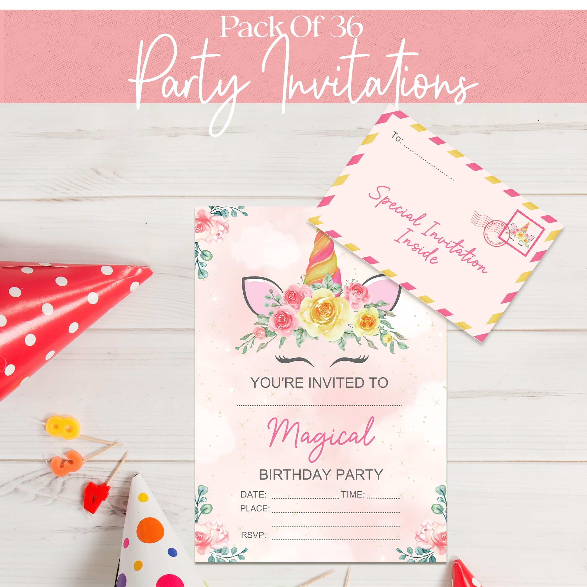 BestaFiesta 36 Unicorn Kids Childrens Birthday Party Invitations Kids Invites with Folding Envelope Design and Holographic Stickers