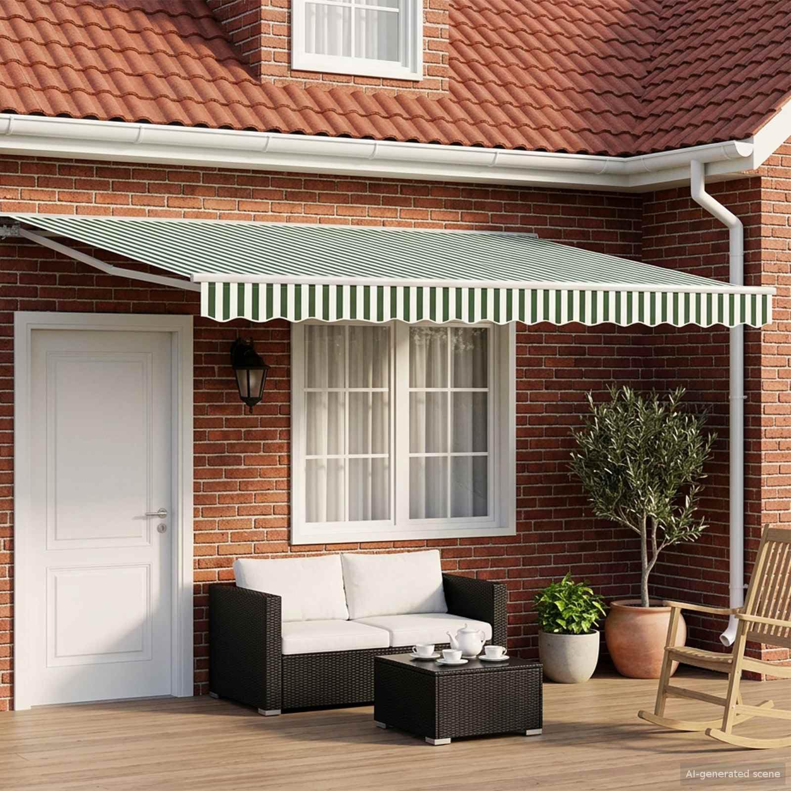 Store Banne Rétractable Électrique 5x3,5 m, Auvent de Jardin Motorisé avec Télécommande et Manivelle, Toile Polyester Vert et Blanc pour Terrasse et Extérieur