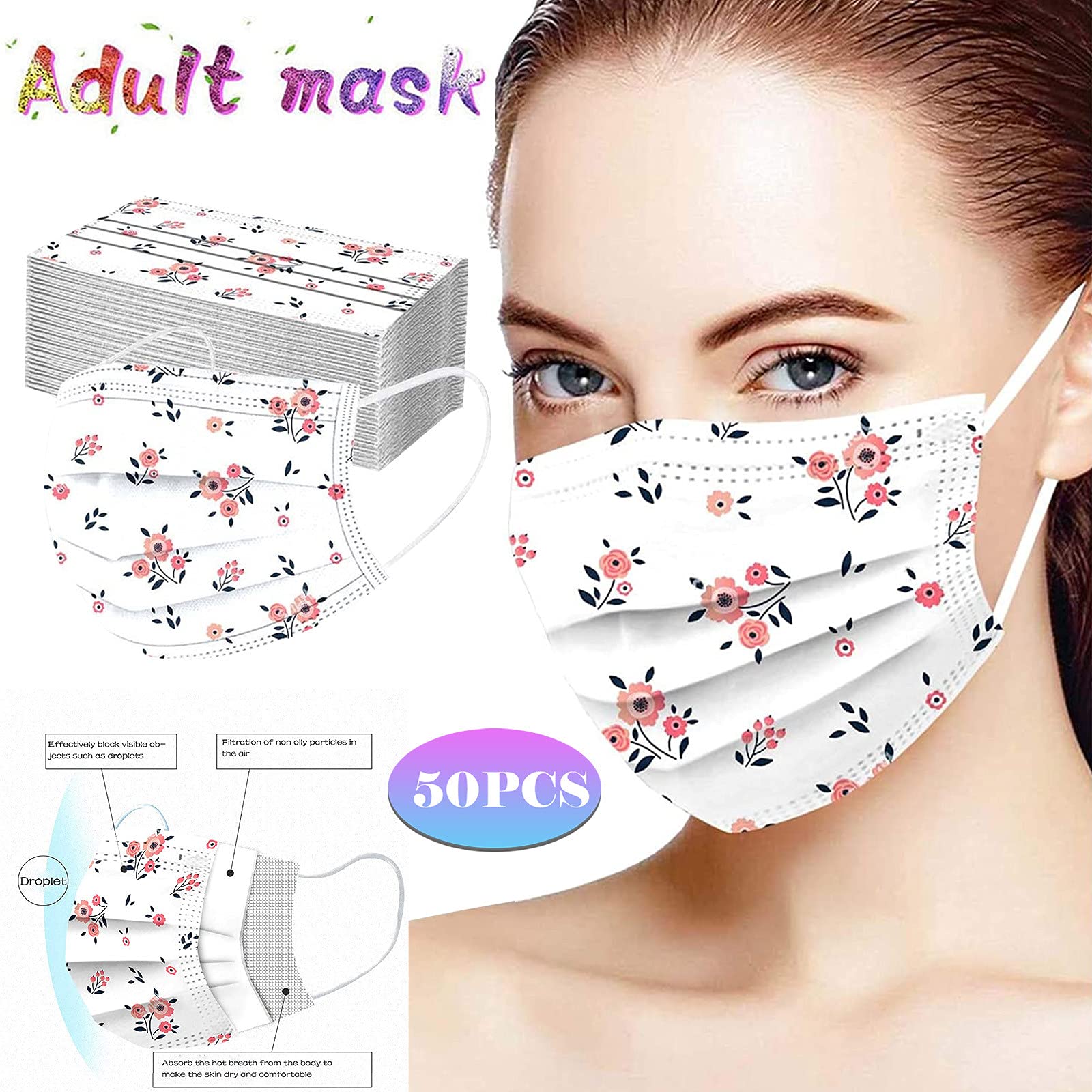 50 Pack Flower Disposable Face Mask, 3 Ply Breathable Stylish Floral Masks for Adults Women Full Face Protection (White)